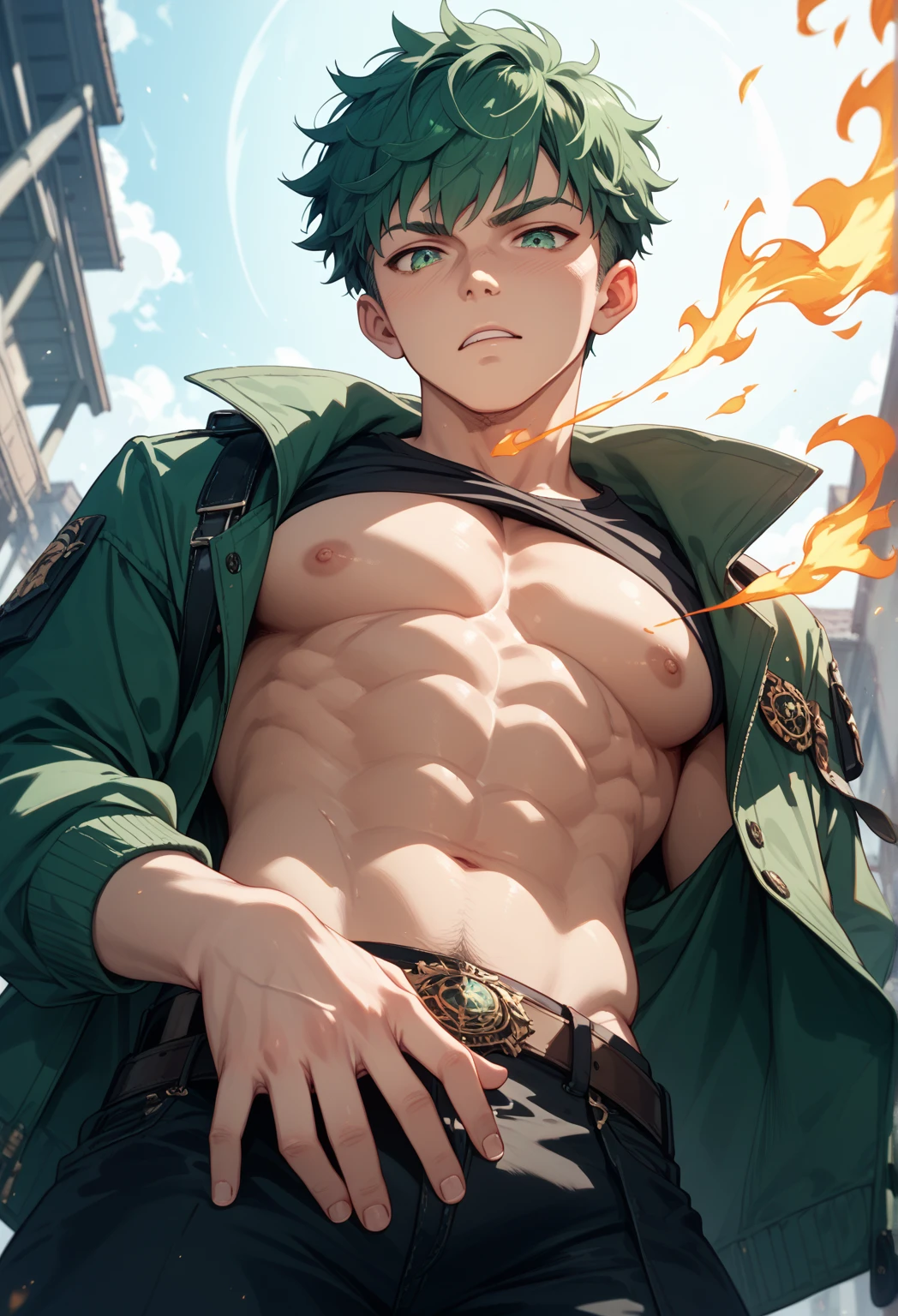 Ultra detailed, Highres, absurdres, HDR, Chisaki Kai, Overhaul, dark brown hair, short hair, short bangs, expressive golden eyes, Boku No Hero Academia, blue flowers, petals, handsome, sexy man, solo, very detailed eyes and face, glittering, master piece, toned chest, fantasy, cross, best quality, dark oliver-green jacket with fur, white necktie, black shirt, black pants, blue background, fire,