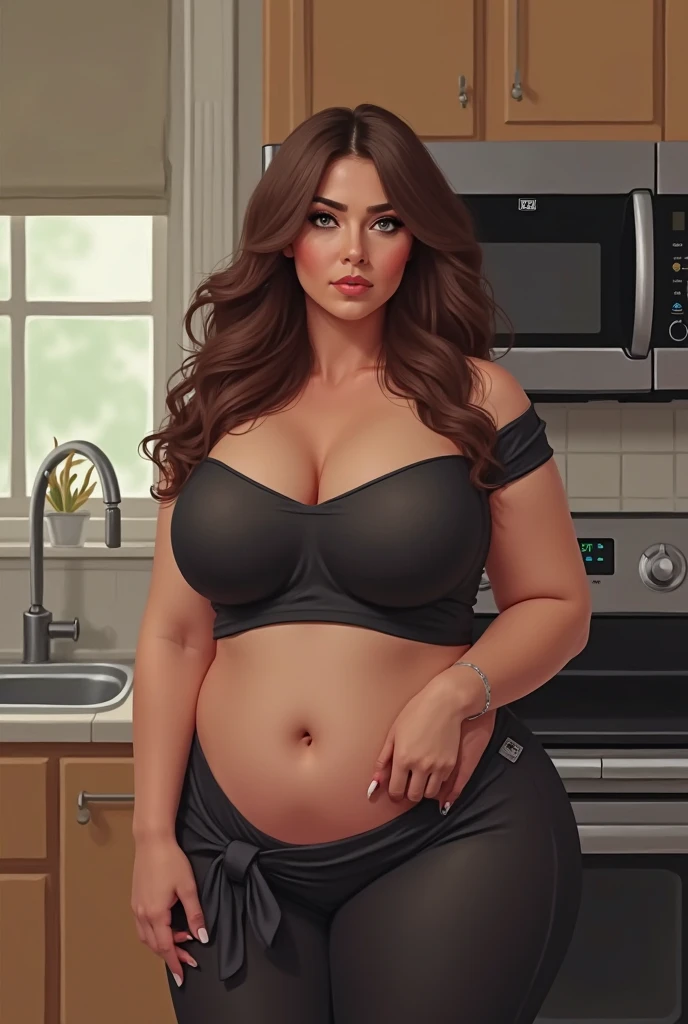 multiple thick body (mature woman age 40 Columbian milf super model)wearing t shirt with thong panties, bare breasts and nipples hanging out, greeting viewer, standing straight in a line, kitchen daytime, (((1male grab breast with lips))), 1milf dark skin tone, angry expression looking down at viewer