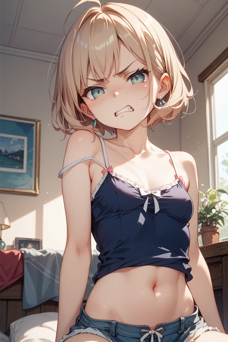 SNFW Young 13 years old. Short milky white hair，yellow  eyes，lovely expression，a shy expression， white school top，Red fluffy skirt，blackstockings，naked navel and shoulders,  Lie down on the soft bed, ((hand on groin)) hand on pussy, masturbating, ela tá masturbating, legs open upwards in an M shape, legs supported in the air in an M shape, ((orgasming))，tilt your head，baki，Open your little mouth, point of view from above, fully body ((sweat))