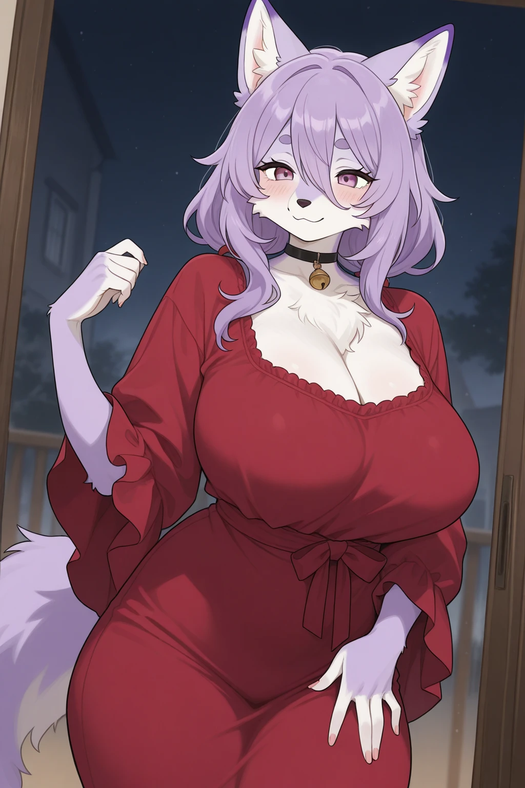 top quality, best quality, by khuzi, High-quality illustrations, masterpiece, 16k, 1080p, uploaded on e621)(kemono, furry, anthro, alone), round, 1 female, hot mother figure, very detailed body face and eyes, white ferret, Hanazono Chiyuki, (Sdorica), white fur, fluffy, big breasts, tail, perfect eyes, yellow eyes, white ponytail hair, beautiful japanese dress, theatre, scene, body movement, body twitching, shy smile, red blushing,
