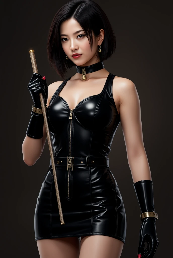 - Female character with a determined expression
- Long, black hair tied in a low ponytail with bangs framing her face
- Gold hair accessories with red accents, placed on both sides of her head
- Wearing a black, sleeveless dress with red lining and intricate design
- Dress has crisscross straps over her shoulders and a high slit revealing her thigh
- Black thigh-high stockings with a garter belt
- Black high-heeled shoes
- Fingerless black gloves
- Holding two golden daggers, ready for action
- Lean and athletic build
- Mid-action pose, suggesting agility and combat readiness,One girl, solo, Long Hair, High resolution, Large Breasts, Slender figure, No background