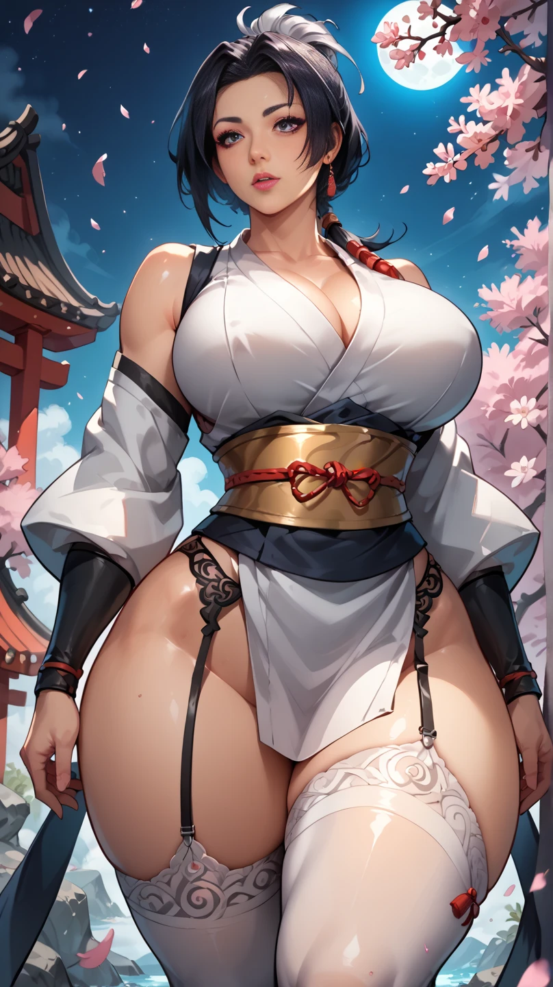 best quality,4k,8k,highres,masterpiece:1.2),ultra-detailed, extremely detailed eyes, extremely detailed body, (large masterpiece digital art), (detailed manga illustration), (detailed line art), ((perfect anatomy)), (intricate details:1.3), (ultra-detailed:1.3), (illustration:1.3), (sharp focus:1.3), (natural lighting:1.05), (vivid colors:1.3), (masterpiece), (best quality:1.4), (perfect anatomy:1.4), high quality, expressive eyes, full body, detailed face, beautiful face, perfect face, 1 girl, breasts, cleavage, gloves, large breasts, Japanese clothes, jacket, (underboob), robe, sash, belt pouchs, very long hair, thigh length hair, Japanese female, detailed ((black hair)), straight hair, Hime cut , blue eyes, curvaceous physique, arm wrap, hakama, hakama skirt, haori, miko, monk, thick thighs, toned, dynamic lighting, cinematic lighting, dynamic heroic pose, smiling, Japanese temple background, curvy, Atey Ghailan, Jeremy Mann, Greg Manchess, Antonio Moro, trend in ArtStation, trend in CGSociety, Intricate, High Detail, Sharp focus, dramatic and photorealistic painting art by Midjourney and Greg Rutkowski, Jeff Bridges, ((cartoon style)), Marvel Cinematic Universe style