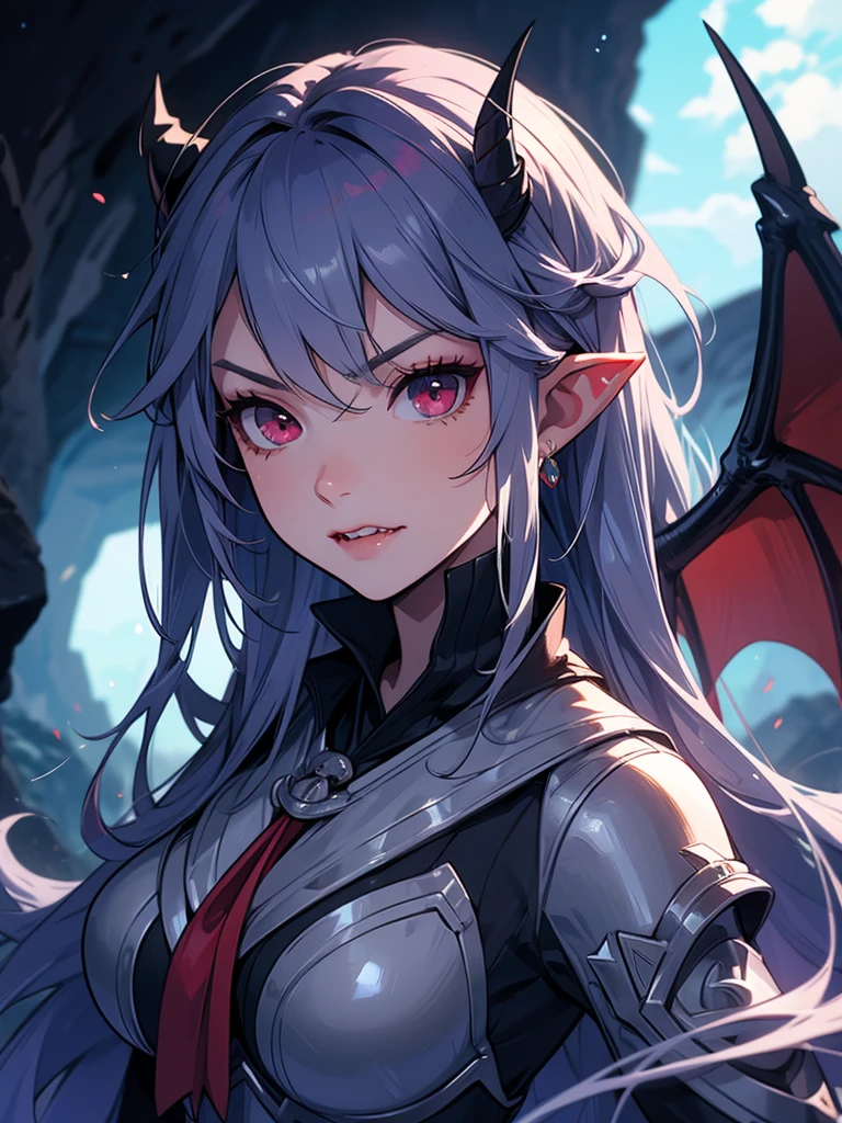 (masterpiece),(best quality),(ultra-detailed),(best illustration),(best shadow),(absurdres),(detailed background),(very aesthetic), looking at viewer, luna, 1girl, horns, solo, breasts, pointy ears, tongue out, tongue, symbol-shaped pupils, red eyes, long hair, heart-shaped pupils, large breasts, portrait, armor,
