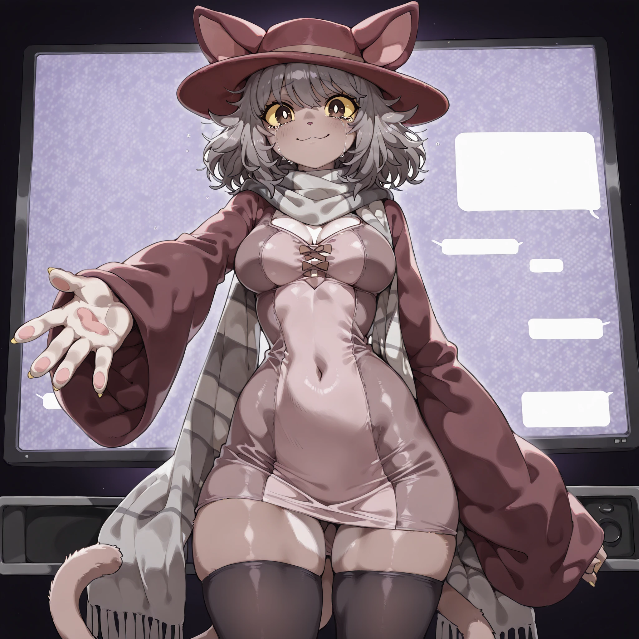 (front angle, extending arm towards viewer) (solo:1.5, solo character:1.5) (adult:1.2, mature:0.9, female, girl, Niko, small thighs:1.2) ((purple lighting, dark lighting)), (((dark grey scarf, yellow sclera, greyish brown eyes))) [very big eyes:1.5], (round face:1.4, cute:1.3, medium hair, medium breasts), ((dark grey coloured hair, messy hair, hair strands framing face)), (((dinamic pose))), greyish brown dress, long greyish brown sleeves, standing up, touching screen, black and purple floating TV screens on background, very big dress, very big sleeves, sad, sleeves going past wrists, cat eared greyish brown hat, greyish brown cat ears on hat, gigantic floating TV on background, black background, sorrow, anxious, black stockings, sad smile, (((crying, tears, looking at viewer), (Cartoon style:1.5) (masterpiece, best quality, very detailed body, face, tail, arms, hands, legs, head and eyes)