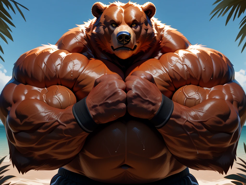 Best quality, masterpiece, ultra high res,detailed gym background,realistic,illustration,solo, 1 guy,size growth,giantic,bear,furry,muscular male,exaggeratedly muscular, gym shorts, ripped body, ripped quads,muscular,volumetric lighting,depth of motivation