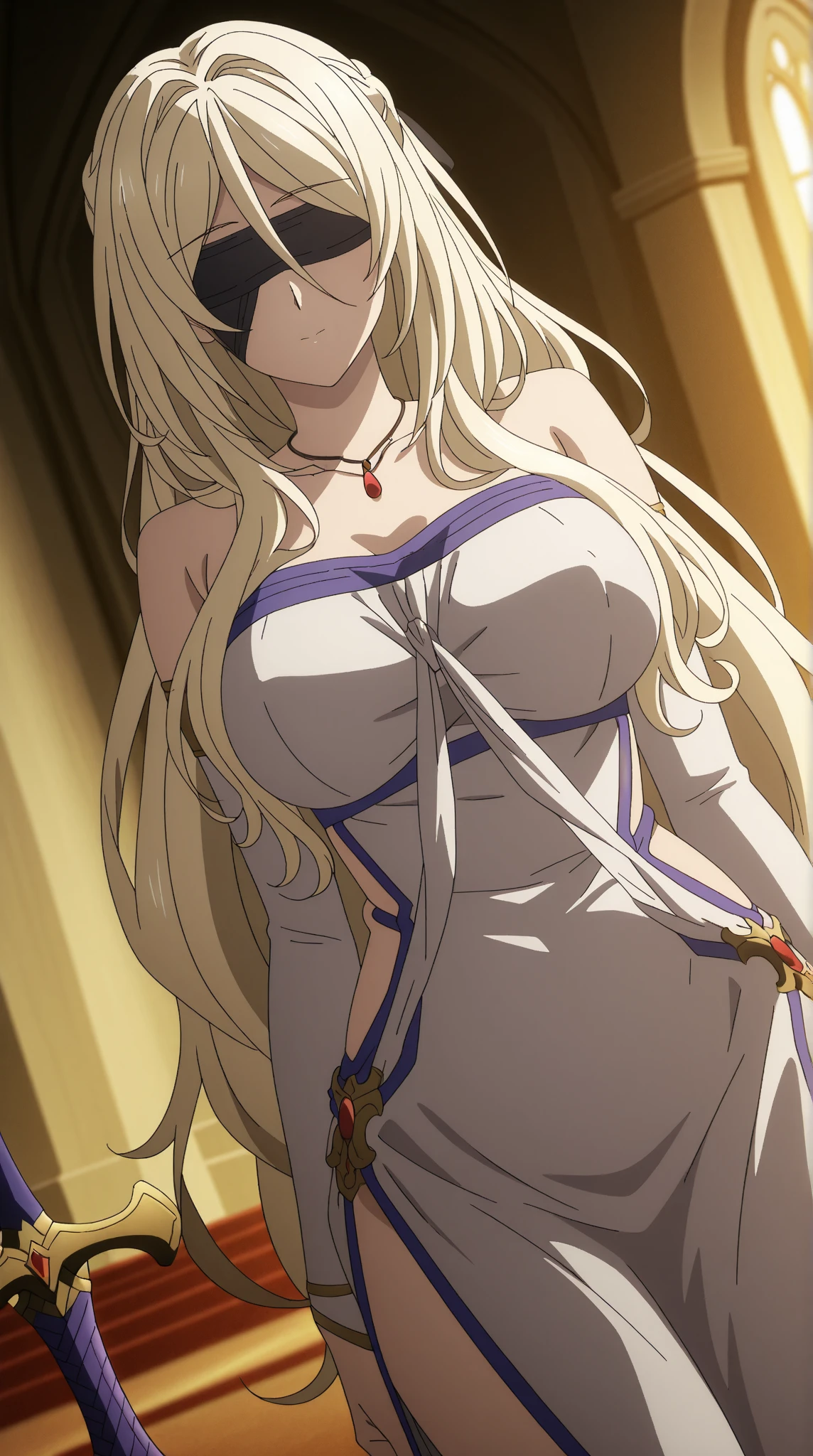 swordmaiden, sword maiden, long hair, bangs, blonde hair, blindfold, (covered eyes:1.2), black blindfold, (large breasts:1.2), pout, pouting, puffy cheeks,
BREAK dress, jewelry, necklace, (white dress:1.5), bare shoulders, collarbone,
BREAK outdoors, forest, nature, sun, sky, clouds, blue sky,
BREAK looking at viewer, (cowboy shot:1.5),
BREAK (masterpiece:1.2), best quality, high resolution, unity 8k wallpaper, (illustration:0.8), (beautiful detailed eyes:1.6), extremely detailed face, perfect lighting, extremely detailed CG, (perfect hands, perfect anatomy),