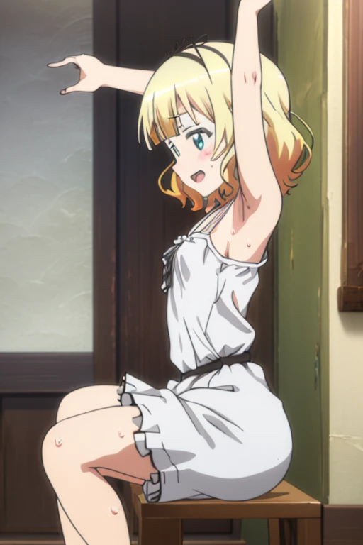 anime image of a naked woman in a white dress crouching down, the anime girl is crouching, , furr covering her chest, seductive anime girl, lewd, seven deadly sins anime, highschool dxd, anime goddess, artoria pendragon, tensei shitara slime datta ken, cel shaded anime, anime girl named lucy