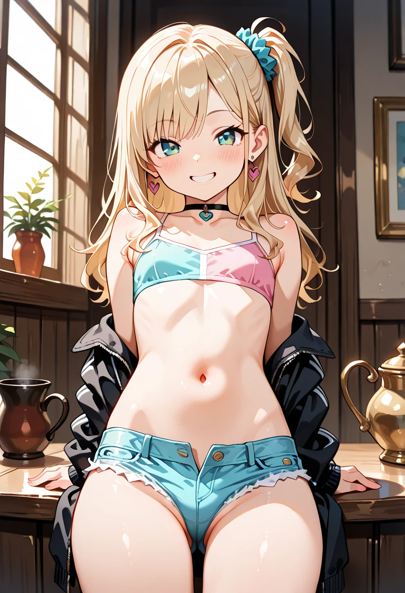 masterpiece, Highest quality, shape, City Street, One Girl, Mordred \(destiny\), Cowboy Shot, clavicle, Detailed blonde hair ponytail braid, Green Eyes, White short blouse, Denim shorts,belly button,Up to the thighs,Grin, Covered_Pussy,skin,Beautiful feet,Beautiful Hands,Please put your feet up,