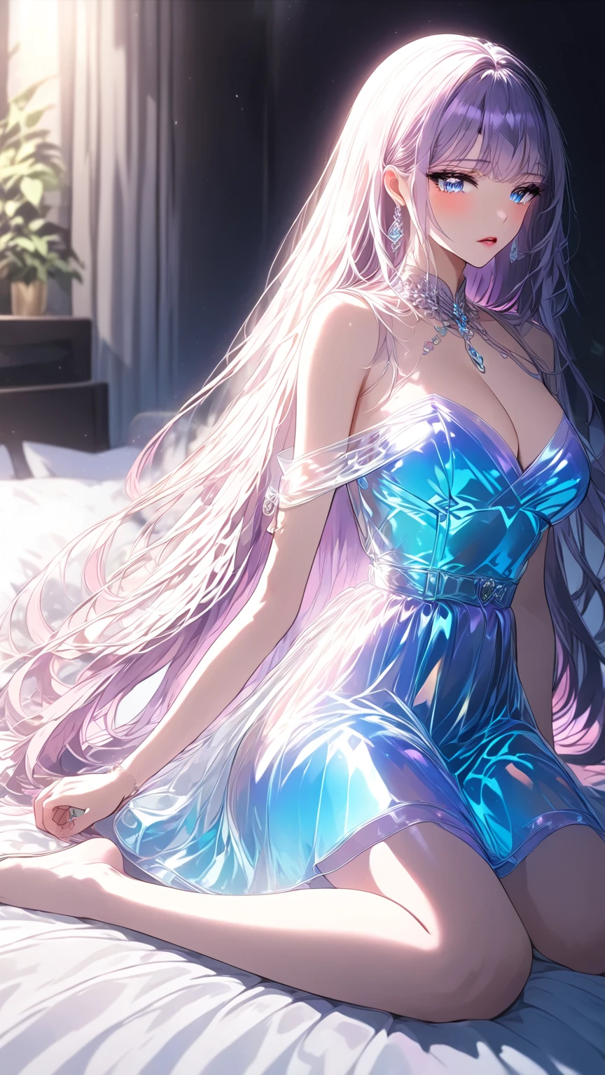 epic volumetric lighting, (bright colors), (masterpiece, best quality, highres, photo-referenced:1.1), centered, drawing of a 2d girl, 1girl, bangs, bare_shoulders, blue_eyes, breasts, bubble, cleavage, collarbone, eyebrows_visible_through_hair, gradient, gradient_background, lips, long_hair, looking_at_viewer, medium_breasts, megurine_luka, parted_lips, pink_background, pink_hair, solo, full body, full_body, standing, blue dress, (shiny, glossy, reflective, glassy, see-through hair, clear hair, transparent hair:1.3), intricate clothing detail, realistic lighting on clothes, anime, (realistic highlight, realistic shading:1.3), scenic background, outside, city, town, High-resolution, symmetrical eyes, illustration, amazing eye detail, (intricate shadow anatomy, intricate highlight anatomy), hard lighting.