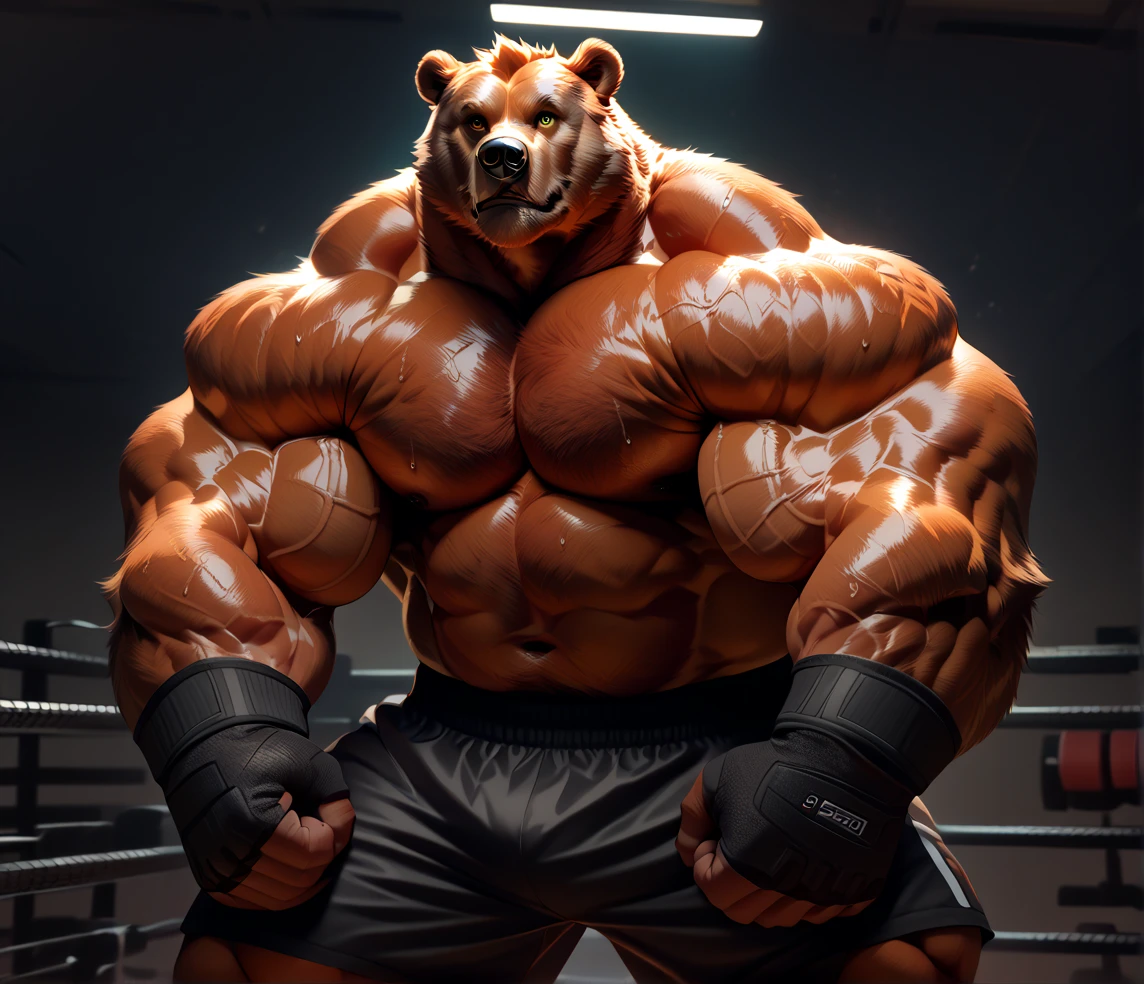 Monstrously massive musclegut anthro furry bear in a red shirt and a red shirt on is holding 1000-pound barbell with one hand, furry art, muscle flex