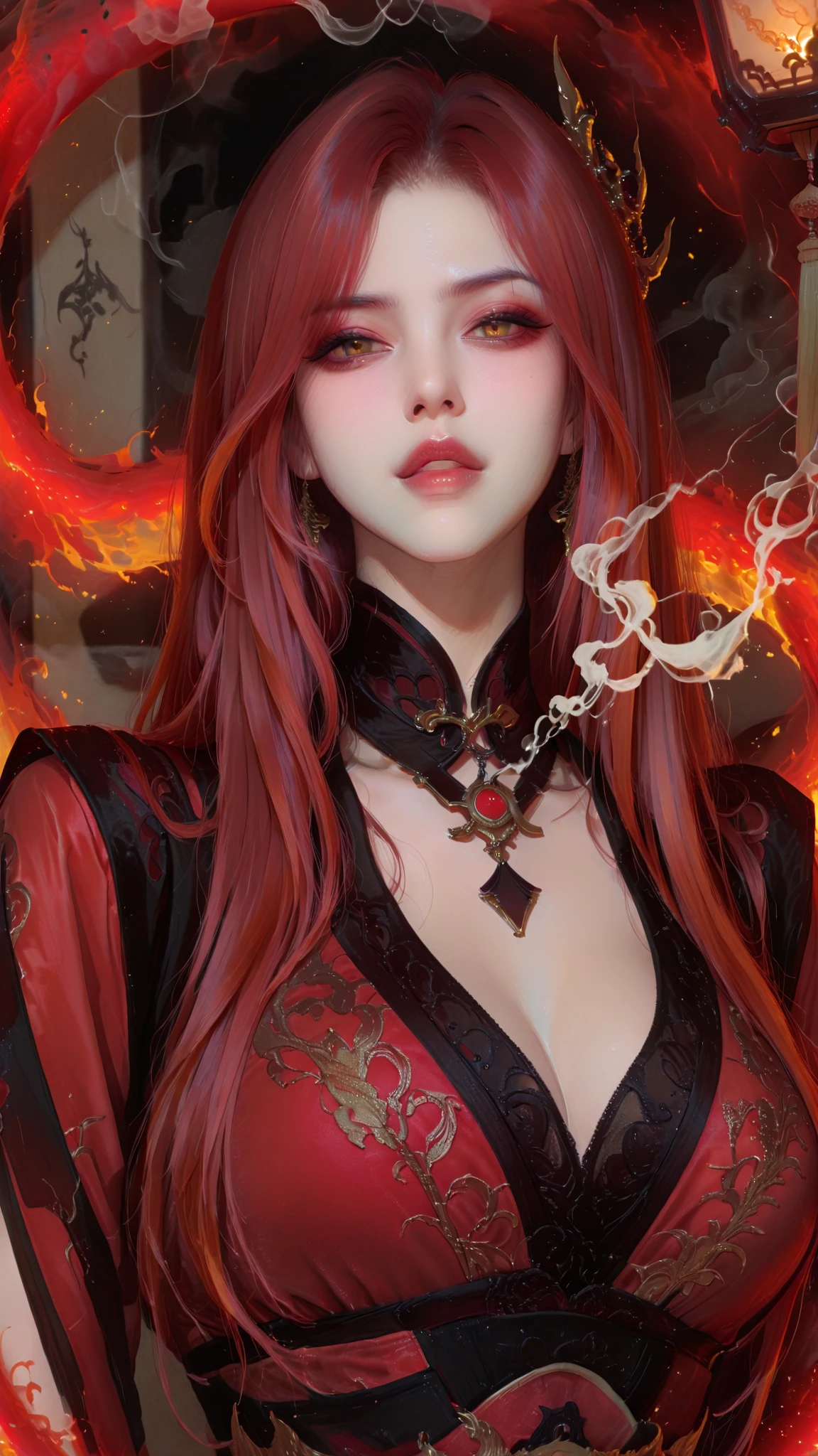 Create a beautiful red night with a red moon, red hair, yellow eyes, young beautiful japanese girl, cleavage, busty,