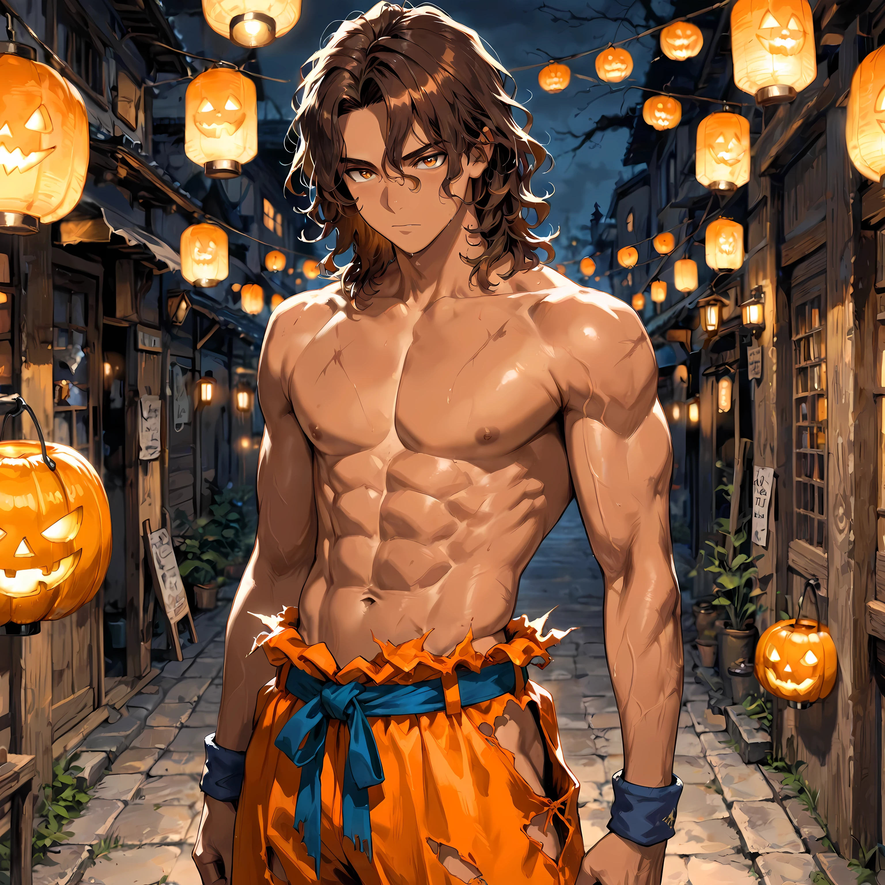 ((Best quality, 8k, Masterpiece: 1.3)), (Sharp focus: 1.2), (A naked man, subtle smile, sensual), (Full body including legs), male , defined muscles, erotic, light ball, clouds , halloween, scary, pumpkins, sunset sun: 1.2), ((Wet body: 1.1)), Highly detailed facial and skin texture, Detailed eyes, Double eyelid, tanned skin, sexy, tanned, muscled, full naked, big penis, long black hair, mountains, open arms, screaming