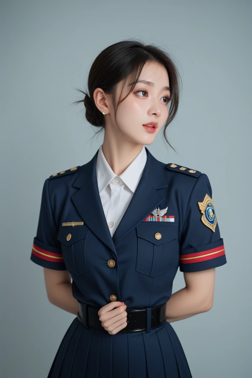 Eri Kamei in a detailed Air Force pilot uniform, Stand confidently against the backdrop of fighters. The stage is an air base with a clear blue sky. Uniforms are decorated with badges and insignia, Highlight her ranks and achievements. Her expression is fixed, Embody the spirit of a dedicated pilot. Medium: Photography, Style: Ultra-realistic with sharp focus, Lighting: Natural light with soft shadows, Colors: Rich blues and neutral tones, Composition: Canon EOS 5D Mark IV DSLR Camera, EF 50mm f/1.8 STM lens, Resolution 30.4 megapixels, ISO sensit: 100, Shutter Speed 1/125 sec. --ar 16:9 - V5.1 --Style raw --Q 2 --S 750