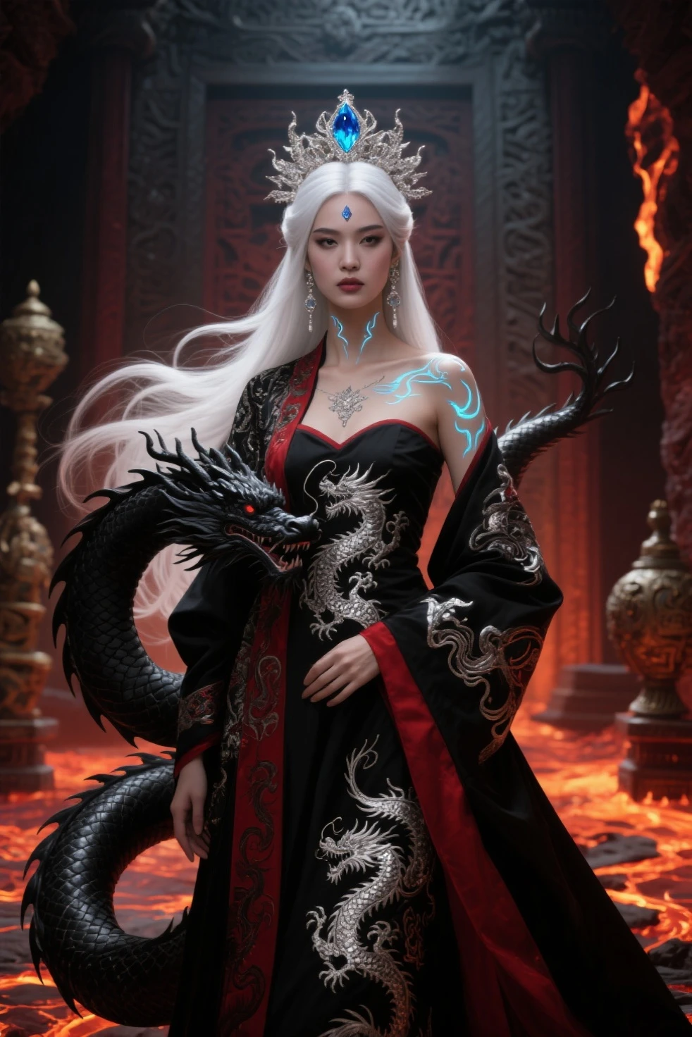 {A highly detailed and elegant illustration of a beautiful Chinese woman with long white hair, dressed in traditional white and red attire with intricate designs. She stands confidently with a majestic red and black dragon coiled around her, adding a powerful and mystical atmosphere. The background is dark, enhancing the contrast between her serene expression and the dragon's fierce presence. The composition highlights the flowing details of her hair and clothing, as well as the dragon's intricate scales, creating a visually captivating and harmonious image. --ar 16:9 --stylize 750 --v 6}
