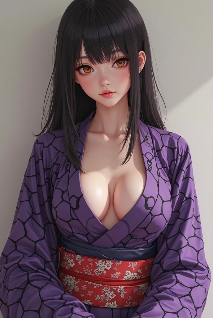 masterpiece, (pink kimono), seductive face, good lighting, low-cut, fine details, masterpiece, glowing eyes, 1girl, black hair, gag, bamboo, Nezuko Kamado, wisteria background, masterpiece, best quality, POV, whole body, wide hips,