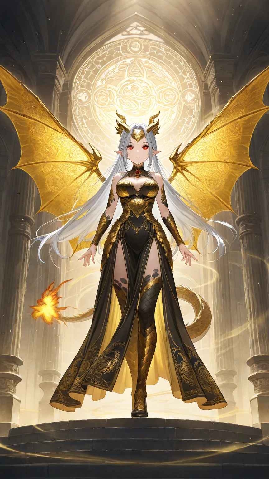 golden dragon goddess with wings, perfect hands, golden shine, fictional figure body hands on waist