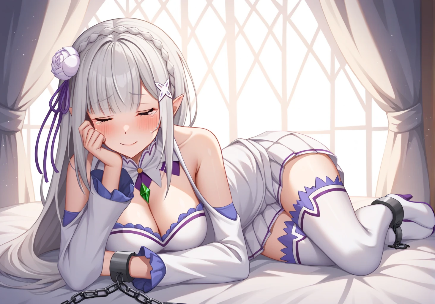 masterpiece, best quality, 1girl, A beautiful woman with white hair and red eyes performs a thigh job on a man's penis until the man's penis releases white sperm from the tip of his penis