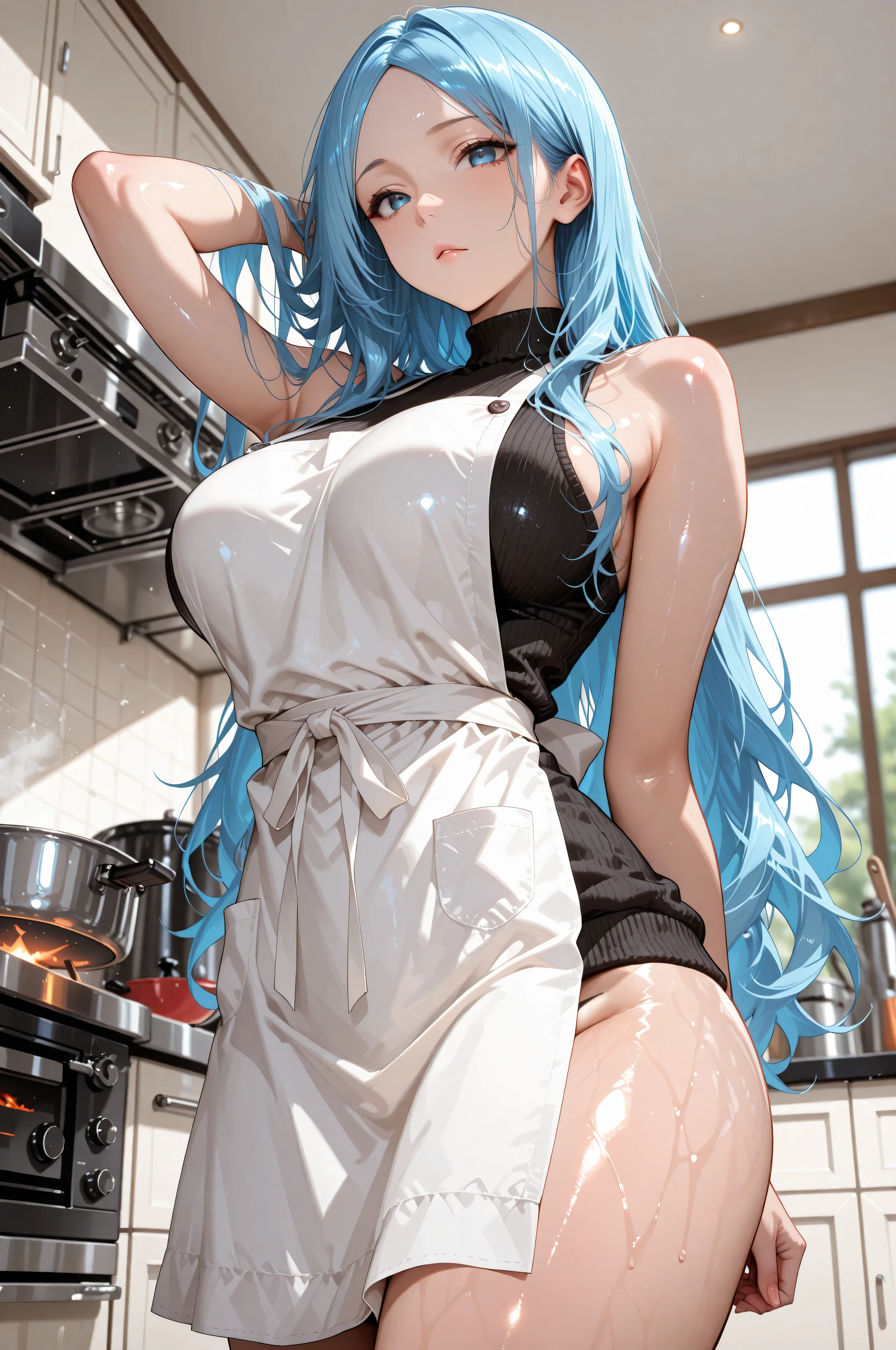Anime girl in blue lingerie in the kitchen with sink and counter, ((masutepiece)), ((Best Quality)), 8K, detaileds, Ultra-detailed, Detailed and Intricicated, 1girl in, bob cuts, in one's underwear only, Light blue lingerie, Staring at me shyly, dark brown hair, swept bangs, long hair, wavy hair, shiny hair, hairclip, hair bun, aqua eyes, (gradient eyes:1.3), glowing eyes, pupils sparkling, blush, bright pupils, glossy lips, cute face, slim waist, shapely legs, beautiful thighs, whole body,