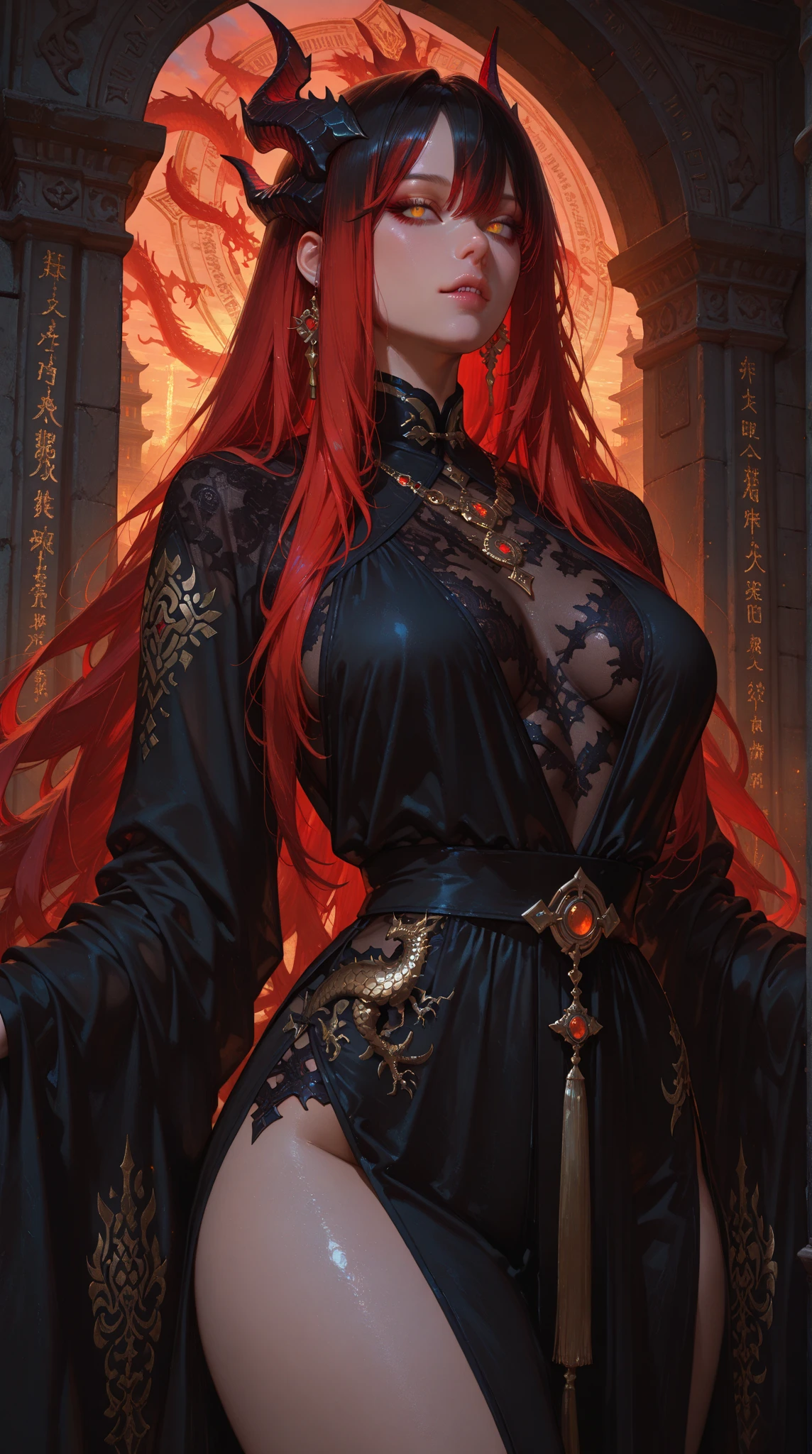 **Lady Akari, Herald of Shadowflame**
**Physical Appearance:**
Lady Akari is a figure of striking beauty, her features carved with an otherworldly elegance that commands attention and awe. Standing tall and regal, she possesses a lithe and athletic figure, her movements fluid and graceful like a dancer's. Her skin, the color of alabaster, is unblemished and smooth, glowing with an otherworldly luminescence that seems to emanate from within.
Fiery red hair cascades down her back like a waterfall of molten lava, framing a face of ethereal beauty. High cheekbones and a delicate jawline give her an air of aristocratic refinement, while full lips, painted a deep crimson, curve into a sardonic smile that hints at hidden depths of cruelty and malice. But it is her eyes that truly captivate, pools of swirling darkness that seem to reflect the depths of the abyss itself, glowing with an inner fire that burns with unearthly intensity.
Adorned in regal attire of flowing silks and darkened robes, Lady Akari exudes an aura of dark majesty and power. Her garments are embellished with intricate patterns of shadow and flame, shimmering with arcane energy that crackles and dances along the edges of her form. Around her neck, a pendant of blackened obsidian hangs, pulsating with dark power and exuding an aura of dread that chills the very air around her.
**Normal Demeanor:**
Lady Akari's demeanor is one of unbridled arrogance and superiority, her every movement exuding an air of haughty disdain for those around her. She holds herself with the poise and confidence of a queen, radiating an aura of undeniable authority and command. Her voice, smooth as silk yet laced with venomous undertones, carries the weight of her dark power, compelling all who hear it to heed her words with fear and reverence.
She is not subtle in her dealings, preferring to rely on brute force and intimidation to bend others to her will. Quick to anger and slow to forgive, Lady Akari shows no mercy to those w