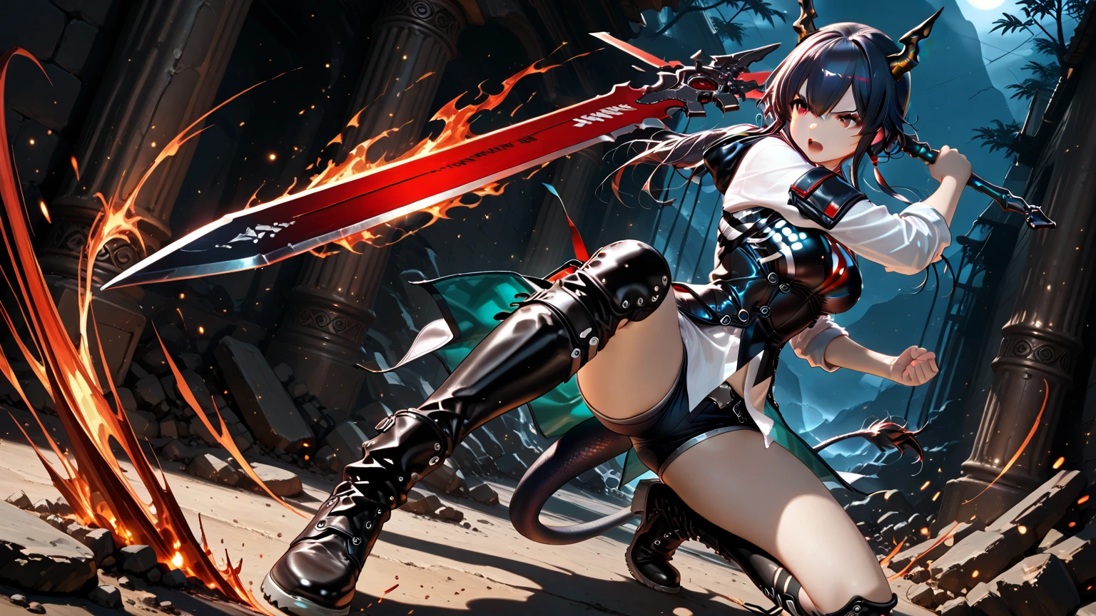 Fighting nuns。Chainsaw in hand。Hold a big weapon。Yandere Face。A smile。bodystocking。The navel is visible。red eyes。Chain Array。Tangling chains。sharp claws。Sexy。Dark indoor。
