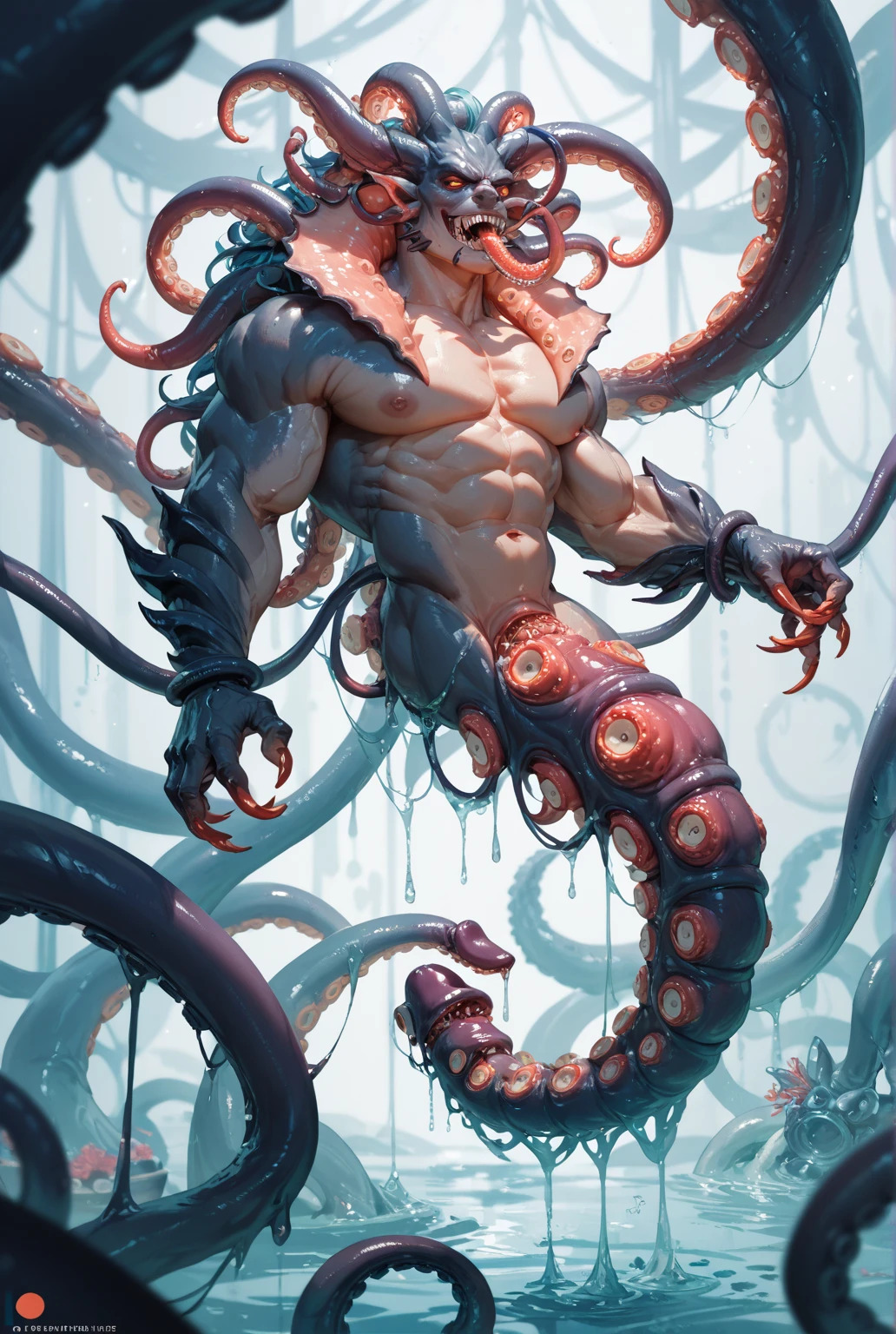Superhero, hero, strong and robust male, Armor, Tentacle entanglement, uniform, Binding hands togethe, Foreign object invasion, monster breeding, wet, slime, tentacles, slimy tentacles, monster and human breeding, Tentacles wrapped around the body, Insert tentacles into the body, Blocked mouth by tentacles, Both hands are bound, The reproductive organs are covered in tentacles, The chest was torn apart by tentacles, Tentacles penetrate deep into clothes, Wearing pants completely, Complete wearing of trousers, Do not expose the reproductive organs, Do not touch the lower body, The sexual organs do not become erect