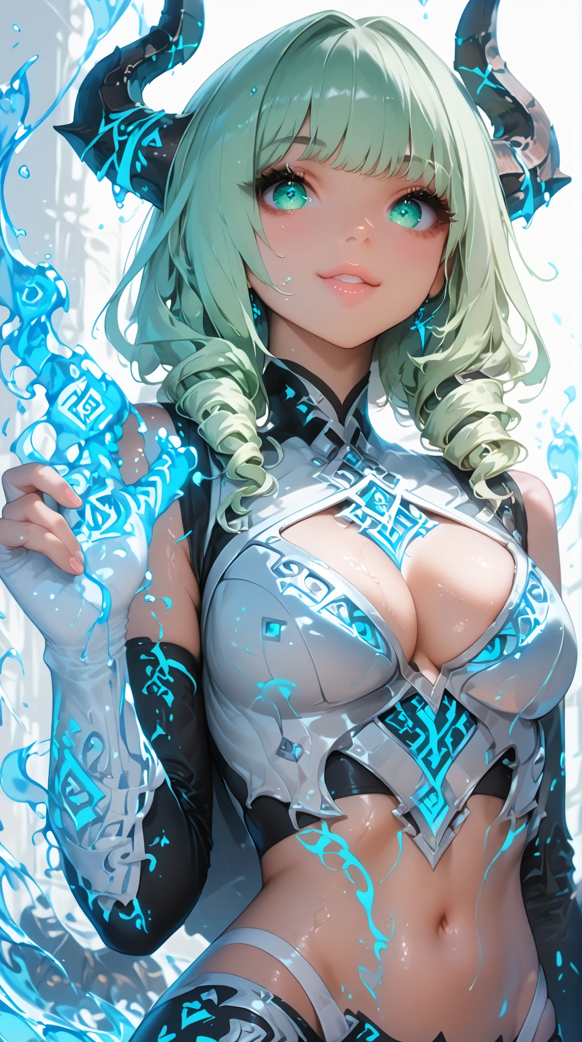 Please follow the all prompts below exactly and faithfully, masterpiece, Maximize highest quality:1.5, Maximum highest beautiful and highest realistic 3D digital illustrations with all upgraded:1.5, maximum resolution, UHD, 16K, 1080p, ultra highest clear details, smooth, soft and clearly and most realistic skin texture and hair texture:1.5, highest beautiful detailed eyes texture:1.5, Amazing dynamic movement:1.5, Beautiful backgrounds with depth of field, Most beautiful natural light, Rule of thirds, Maximize every effect and present it in the ultimate quality, 1woman, sexy, cool beauty, 25years old, beautiful face sharp, elegant mature woman, Ultimate perfect body style, beautiful big breasts, Maximize upturned breasts, beautiful green eyes, shiny light blue hair, short hair, Shag cut, (eyes visible through hair:1.3), glossy very thick lips, pink lipstick, smile:1.5, A breathtaking and unique queen wearing an ice gown, detailed with glistening ice patterns that reflect light, cascading water elements that appear frozen in time, long skirt with shimmering ice pleats, wearing a bracelet of ice crystals, holding a book with ice-encrusted pages, enveloped in a swirling snowstorm, in motion, ((background of a vast ice-covered landscape)),