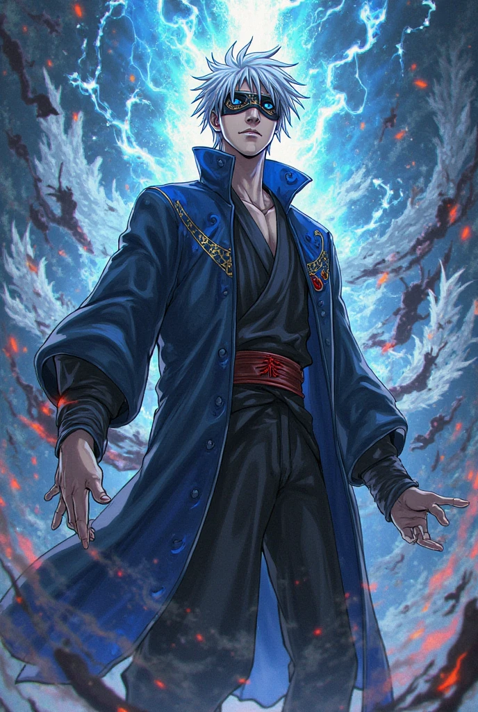 1boy,<lora:kawakiuzumaki:0.95>, ( Kawaki_Uzumaki, a man with blue eyes and a karma_horn on his head, wearing a navy blue and white jacket, kawakiblue_jacket, green shirt, sleeveless, piercing on right eyebrow, grey eyes, brown skin, black_kawaki_hair_and_yellow_side_hair:1), red level3_karma_tattoo on face, red level3_karma_tattoo on neck, ULTIMATEFORM, east asian architecture background, beautiful detailed symmetrycal face, detailed hair, detailed fingers and hands, detailed body, detailed and intricate, hypermaximalist, hyper realistic, super detailed, looking at the viewer, dynamic pose, body focus, cowboy shot (((masterpiece))), (((best quality))), illustration, artstation, rim light, Alembert Oclusion, SSAO, Bokeh, Cinematic, Golden Hour, Depth of Field, DOF, Vignette, Anti-Aliasing <lora:sakimichanStyle_v15:0.7>, art by SakimiChan, (sakimi-style:0.8), (nixeu_soft:0.2)