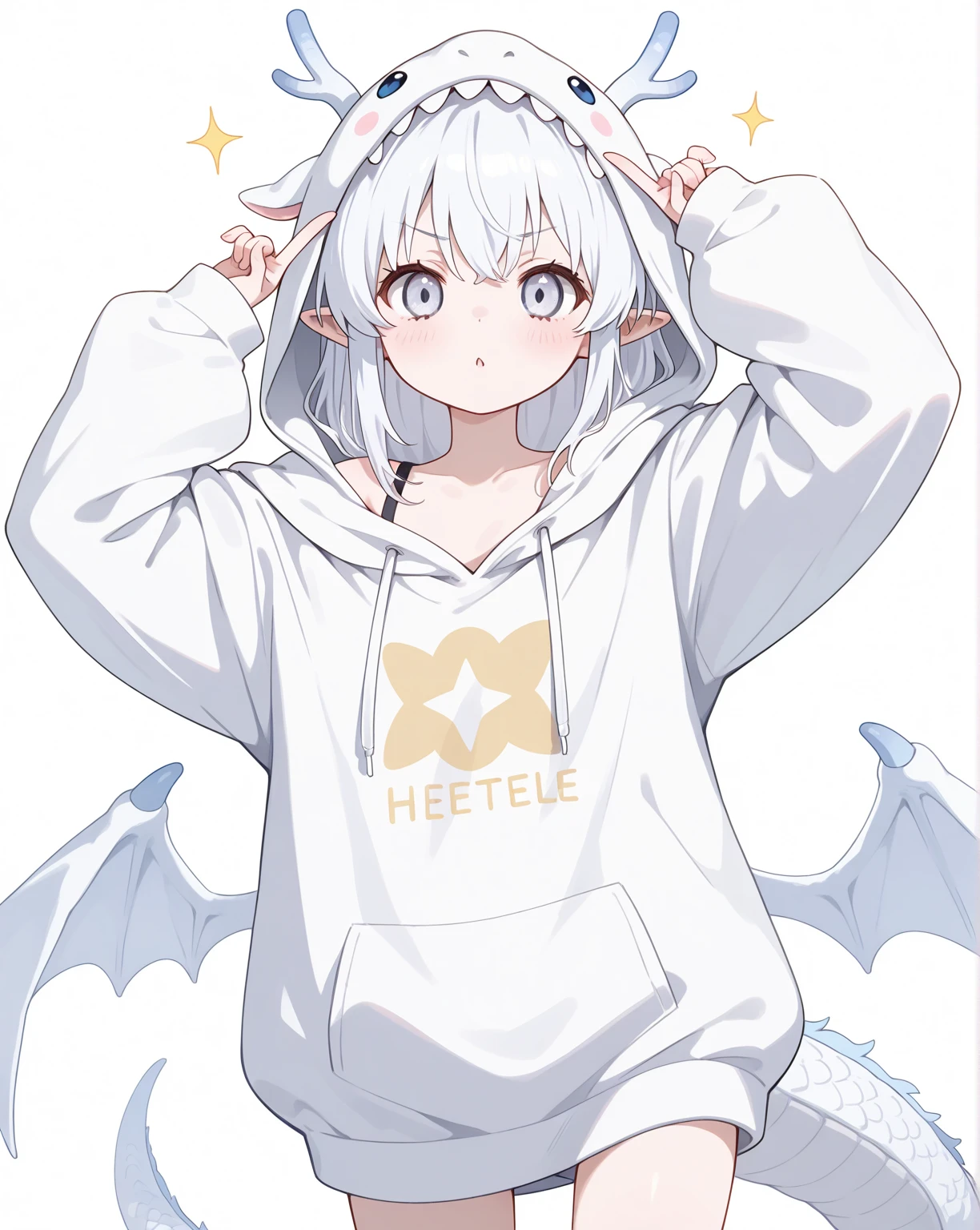 A young elf girl, 8 years old, with medium-length silver hair, silver eyes, and large angel wings on her back, with her mouth wide open, wearing a large black T-shirt, and wearing no bottoms. be