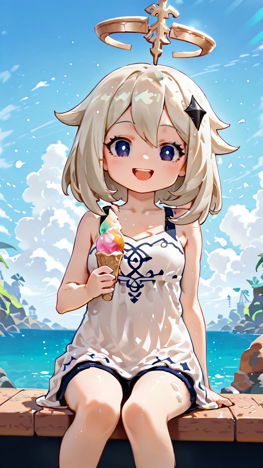 Eating a popsicle、hibiscus、Cartoon style character design，1 Girl, alone，Big eyes，Cute expression，Tank top、interesting，interesting，Clean Lines