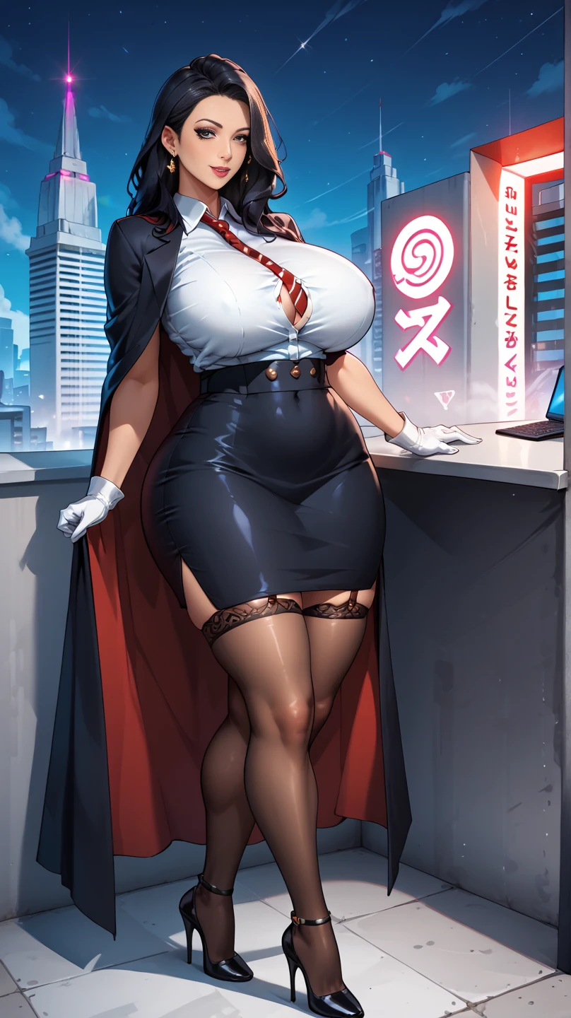4K Quality, black woman, sexy smile, (black cool skirt), standing up, ((black and red braids)), (dark skinned), thick thighs, big breasted, big ass, looking at viewer, red eyes, night time, full body, city background, perfect face, perfect body, perfect eyes, full lips,