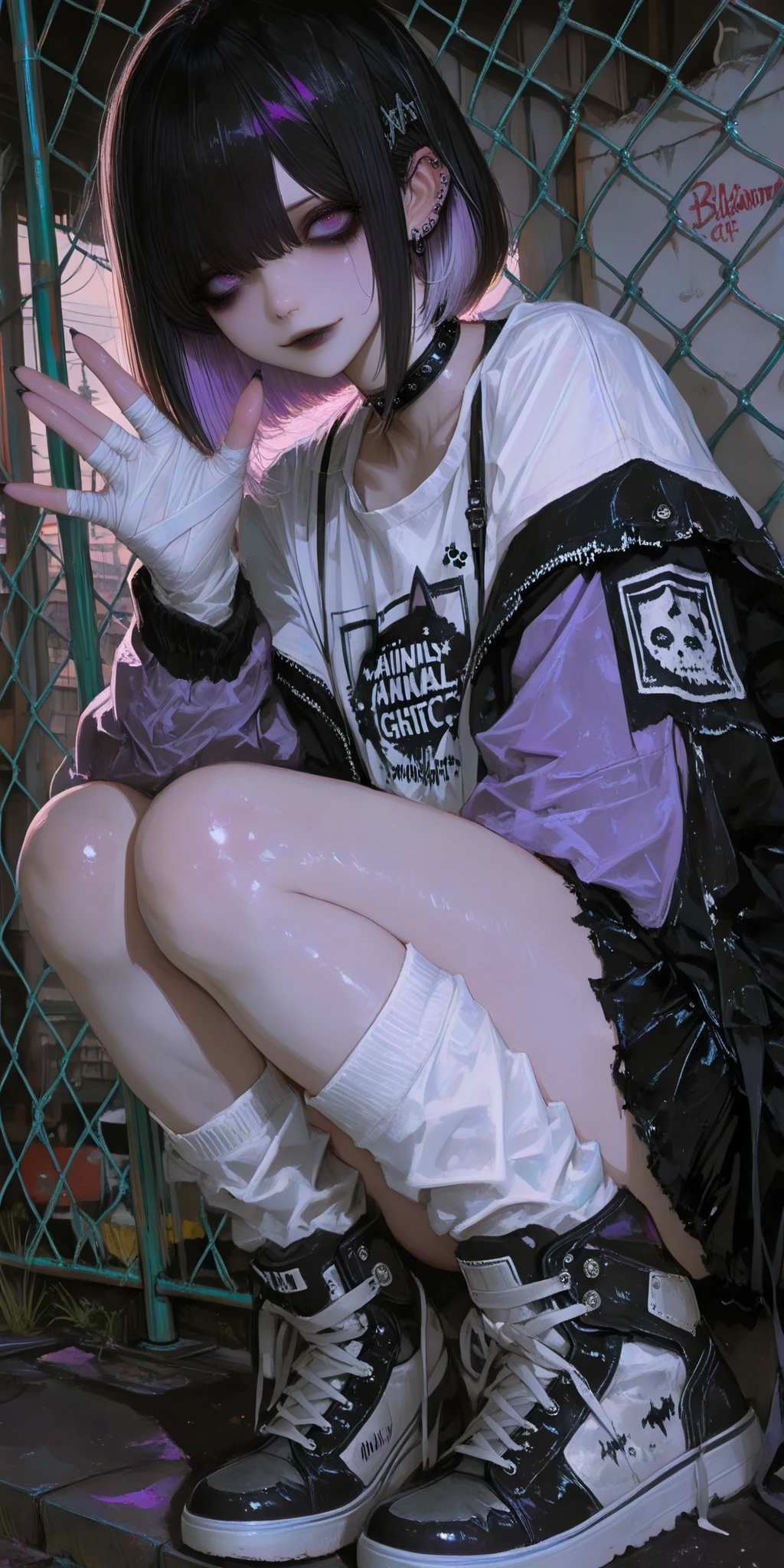 (High CT quality,4k,High resolution,mainpiece:1.2),(Very detailed,Realistic:1.37,Best quality,masterpiece, high resolution,on_body), (Tyndall effect,photorealistic, Edge lighting, Two-color lighting),(high definition skin:1.2), (8K UHD, DSLR quality, soft lighting, high quality, surround lighting, sincere, de 8K , 4K, 8K.) skinny tired girl is belong to emo/goth subculture. She have thick thighs.  She has obsidian black hair with highlighted white strands , she has a wolf haircut and long bangs that hide half of her face. She has a lot of metal hairpins, barrette, hair clips on her bangs. Her eyes are purple. She have Clear beautiful and expressive eyes, highly detailed eyes, sharp focua eyes. She has black Gothic makeup: black lipstick,black eyeliner, black eye shadow. She has a lot of piercings and tattoos. On her neak she wears a spiky choker. She is dressed in a gray torn brand T-shirt with a cat print or metallica band, a bomber sport-jacket with set of safety pin and badges, oversized jeans with ripped holes on her knees, and gray sneakers. Her  palms is bandaged. she keep her hand in the pocket.she is hanging around in an alley where the walls are covered with graffiti and the passage is twisted by a chain-link fence. on the background is abandoned city with sunset.