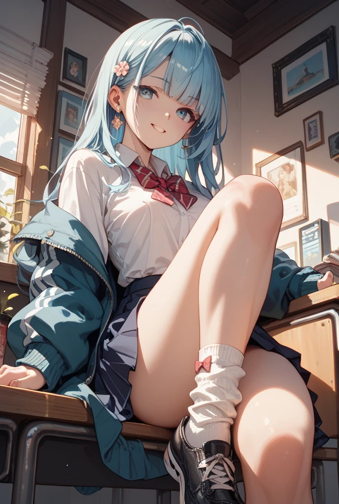 1 girl, , UHD, retina, masterpiece, Accurate, anatomically correct, rough skin, Super detailed, advanced details, high quality, Award history, 最high quality, High resolution, hd, 4k,(anime,8K,masterpiece, high quality, high quality,beautiful and aesthetic:1.2,professional illustration:1.1,Super detailed:1.3,perfect lighting),very detailed,most detailed,High resolution,cute pose,embarrassing,light blue hair,classroom,(wear uniform inside:1.5),(school uniform:1.9),black hoodie,(Hoodie with cat ear hood:1.5),(open clothes:1.5),(knees up:1.5),(white underwear:1.5),hiding shyness,embarrassed,hide your face with your hands