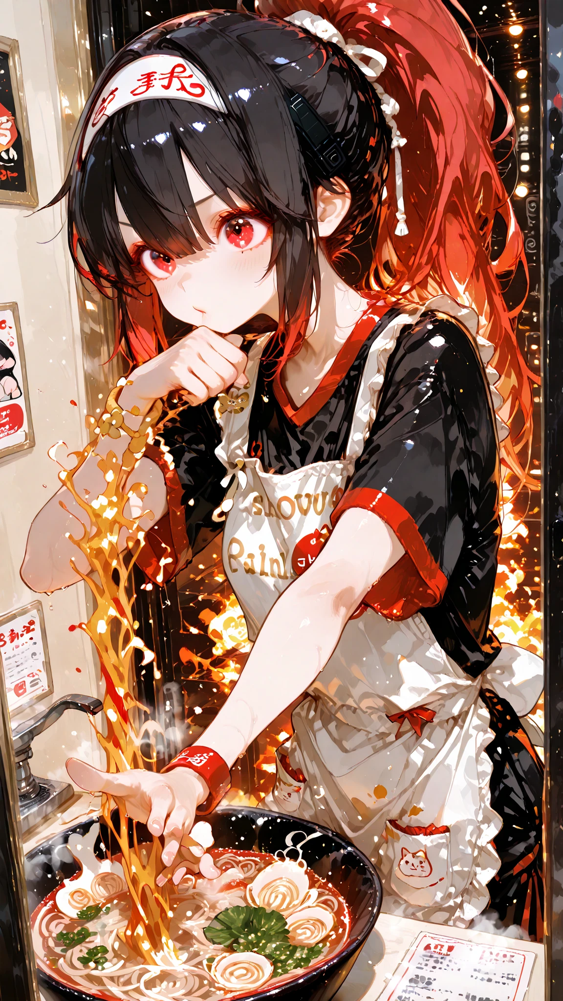 A petite black haired woman with orange eyes is pouring hot metal into a mold