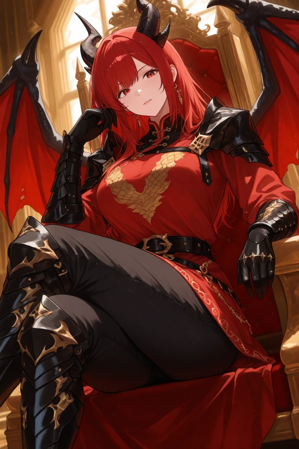 Delicate woman with fiery red wavy hair、tough black and gold armor、Rin々Facial expressions、Large shield、Great sword(Dragon Killer)、dragon horn on head、Luxury bed、drenching、lightning bolt、no panties,pussy juice,vagina,(dildo in the vagina),(Masturbate)、Wet、embarrassed from、red blush、Teary-eyed、(orgasm)