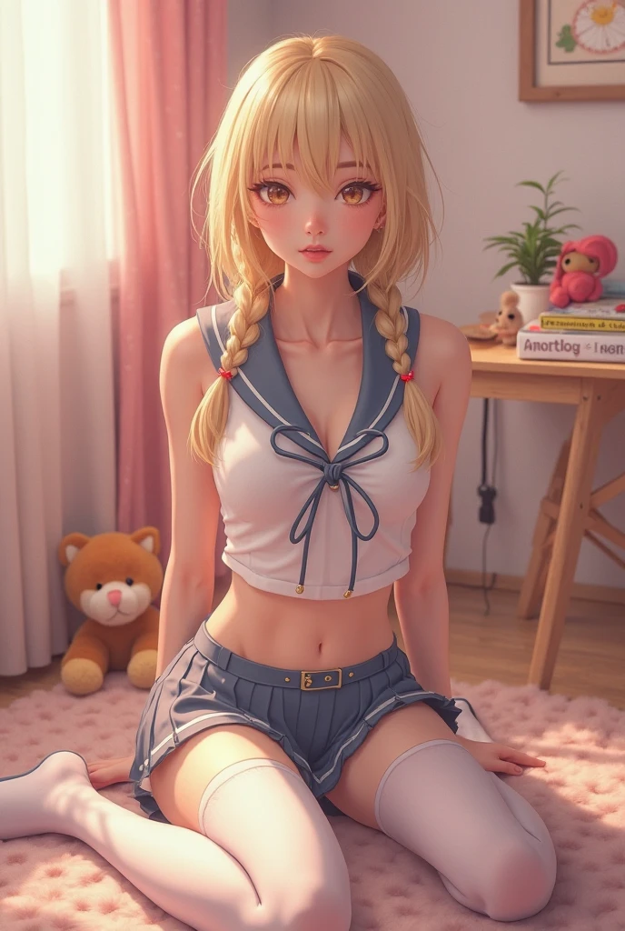 masterpiece, best quality, high quality, High definition, High quality texture, High quality shadow, high detail, beautiful detailed, finely detailed, extremely detailed cg, detailed texture, a realistic representation of the face, realistic, colorful, delicate, Cinematic Light, Ray tracing, sharp focus, (intricate details, makeup, PureErosFace_V1:0.5), (detailed beautiful delicate face, detailed beautiful delicate eyes, a face of perfect proportion, high detailed skin, detailed skin, best ratio four finger and one thumb, (((toppless))), (large breasts), (((cleavage))), ((Smooth texture, Realistic texture, Photorealistic)), Detailed beautiful eyes, Beautiful eyelashes, emerald eyes, Blonde medium hair 1 woman, at bedroom, (((sheer sailor shirt, Sleeveless, Open front))), (((Navel ))), (((Sheer Micro Mini Skirt))), (Beautiful face, Cute face, Detailed face), (cowboy shot), (((Sunny))), Perfect Eyes Eyes, transparent