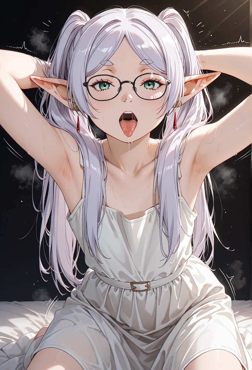 1 adult anime girl, hair color - white, hairstyle - bob, elven ears, stern eyes, eye color - red, glasses, embarrassed look, closed full mouth, face covered in sperm, bare breasts, T-shirt raised, white T-shirt, bulging breasts, miniskirt lifted, panties visible, tight panties, protruding vagina, stockings, high black heels, rich colors, studio light, natural light, lots of detail, high quality image, detailed eyes, random pose