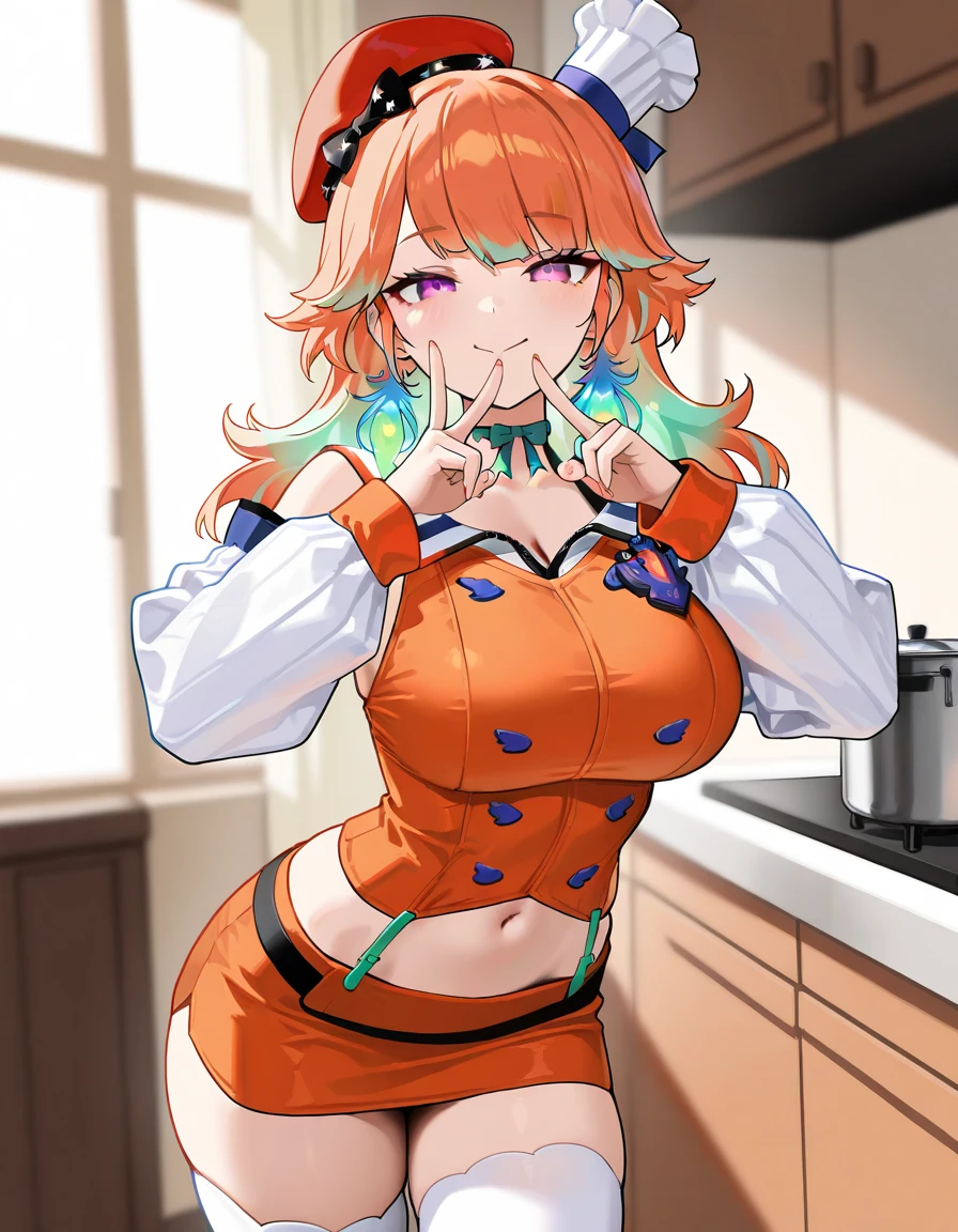 (masterpiece) best quality ultra-detailed CG NVIDIA RTX 3060 wallpaper, (1 girl) with beautiful features and a stunning orange and white hairstyle. Her thicc thighs and huge breasts peek out under her casual clothes as she enjoys coffee at the cafeteria.