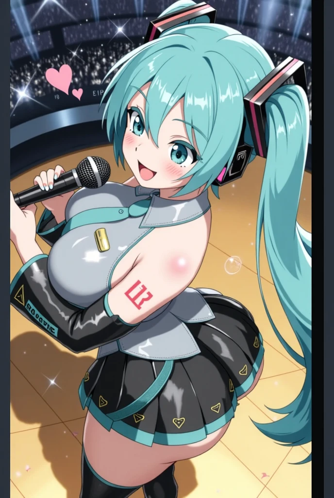 (Highest quality:1.2, Very detailed, Latest, Vibrant, Super detailed, High Contrast, masterpiece:1.2, Highest quality, Best aesthetics), woman, miku hatsune, (shibari;1.3), Ahoge, Aqua Eye, Aqua Hair, Crossed bangs, Hair between the eyes, hair ornaments, Headphones, Long Hair, Twin tails, aqua tie, Black footwear, black skirt, Black sleeves, boots, collared shirt, Removable sleeves, grey shirt, tie, pleated skirt,((nsfw)),(((Super detailed panties))), ((Super detailed cameltoe)), (((anus))), shirt, skirt, Sleeveless, Sleeveless shirt, Perfect body line, Skin with attention to detail, cute, Detailed face, (((Face Up Shot:1.2))), (Random Pause), ((spot, stage, ライブstage:1.4)), Accurate Fingers, Light effects, Dance Motion, sensational, erotic, Soft lighting,(( Super detailed erectile nipples)),
