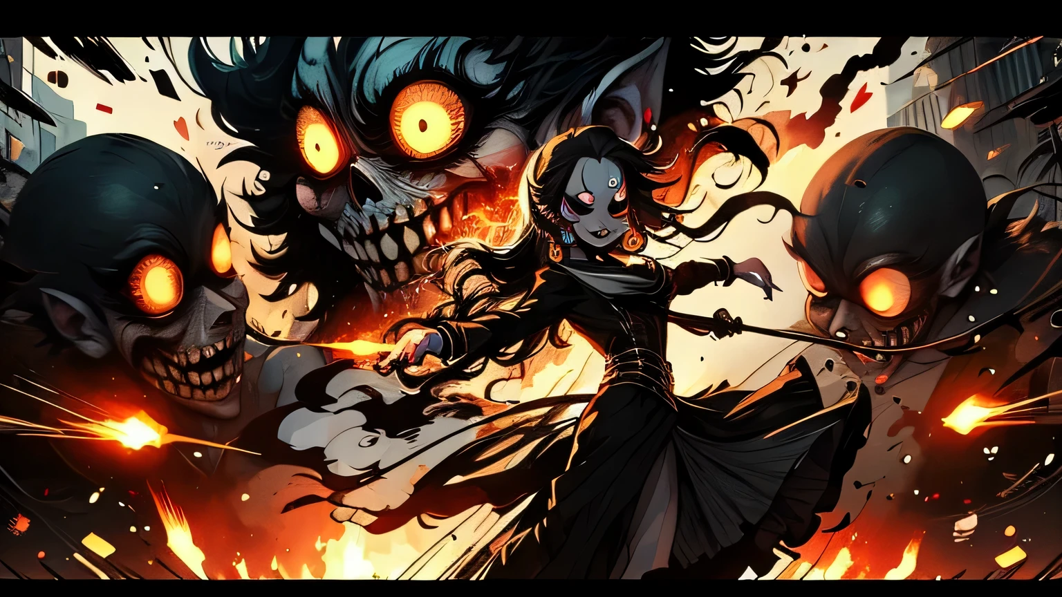 Anime, girl, well-drawn face and body, madness, club, fun, smile, dance, crowd, DarkStep concert, fun, cap, piercing, earrings, black outfit, eyes burning with black fire