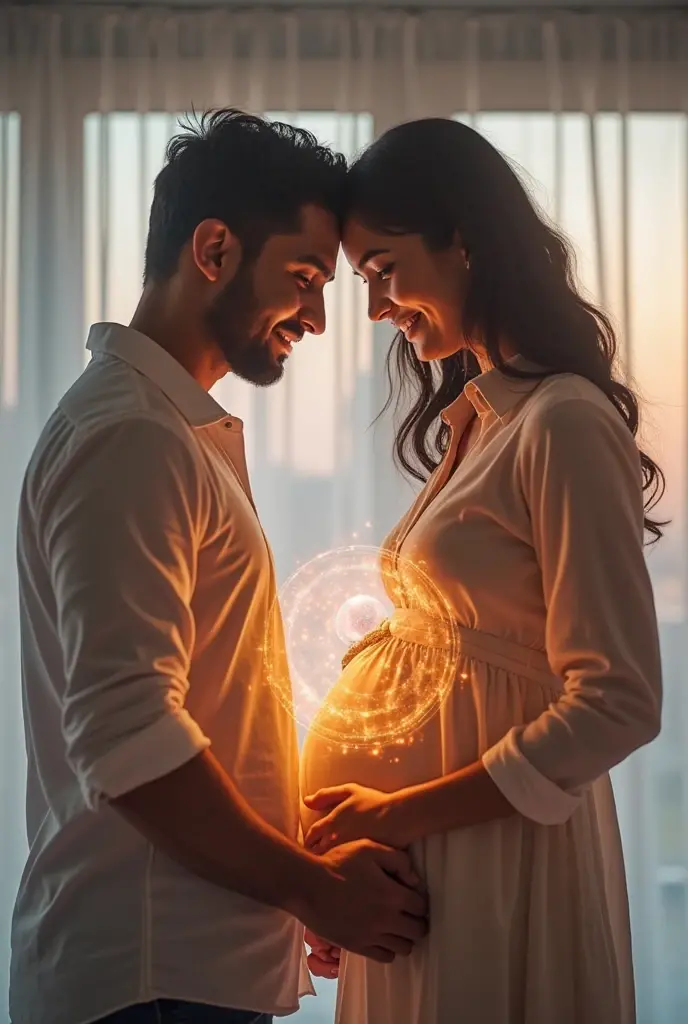 Pregnant idol and her boyfriend caressing her belly at the baby shower