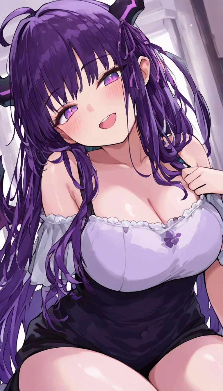 Wolf Woman, Big Breasts, Voluminous purple hair, One girl, masterpiece , Red eyes、Double teeth、tooth、Blushed cheeks、 hd, Head to Chest, buried in my chest、Underbust、Cleavage、Maid clotheaid Brim、Big Tits、Crossed bangs、Put in your chest 、Ribbon tie