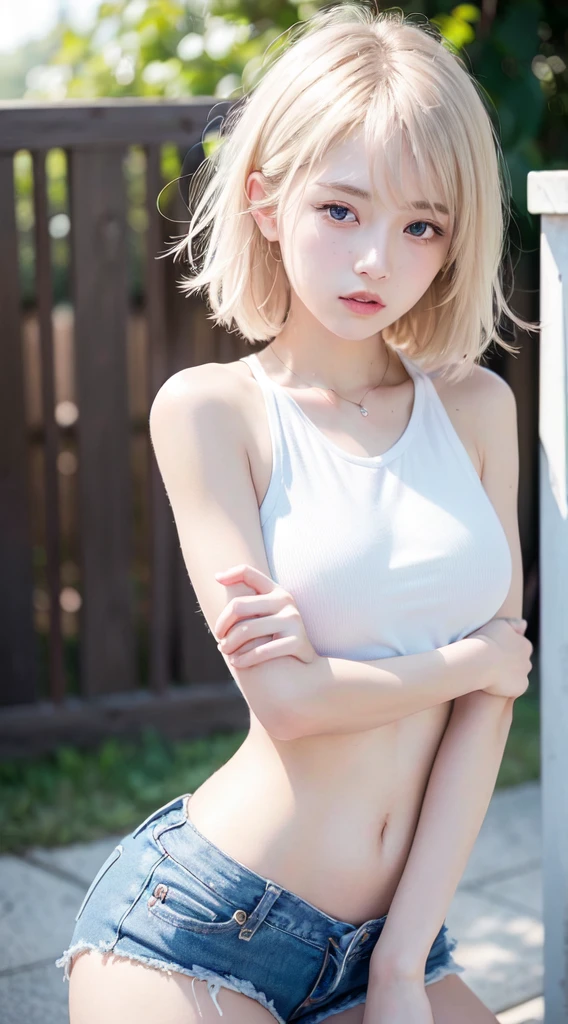 18-year-old female。Height: 160cm。Style Ordinary。White Hair Short Hair。Her breasts are G-cup, very large.。No bra on the upper body and a white T-shirt。The lower body is not specified。No pose specified。