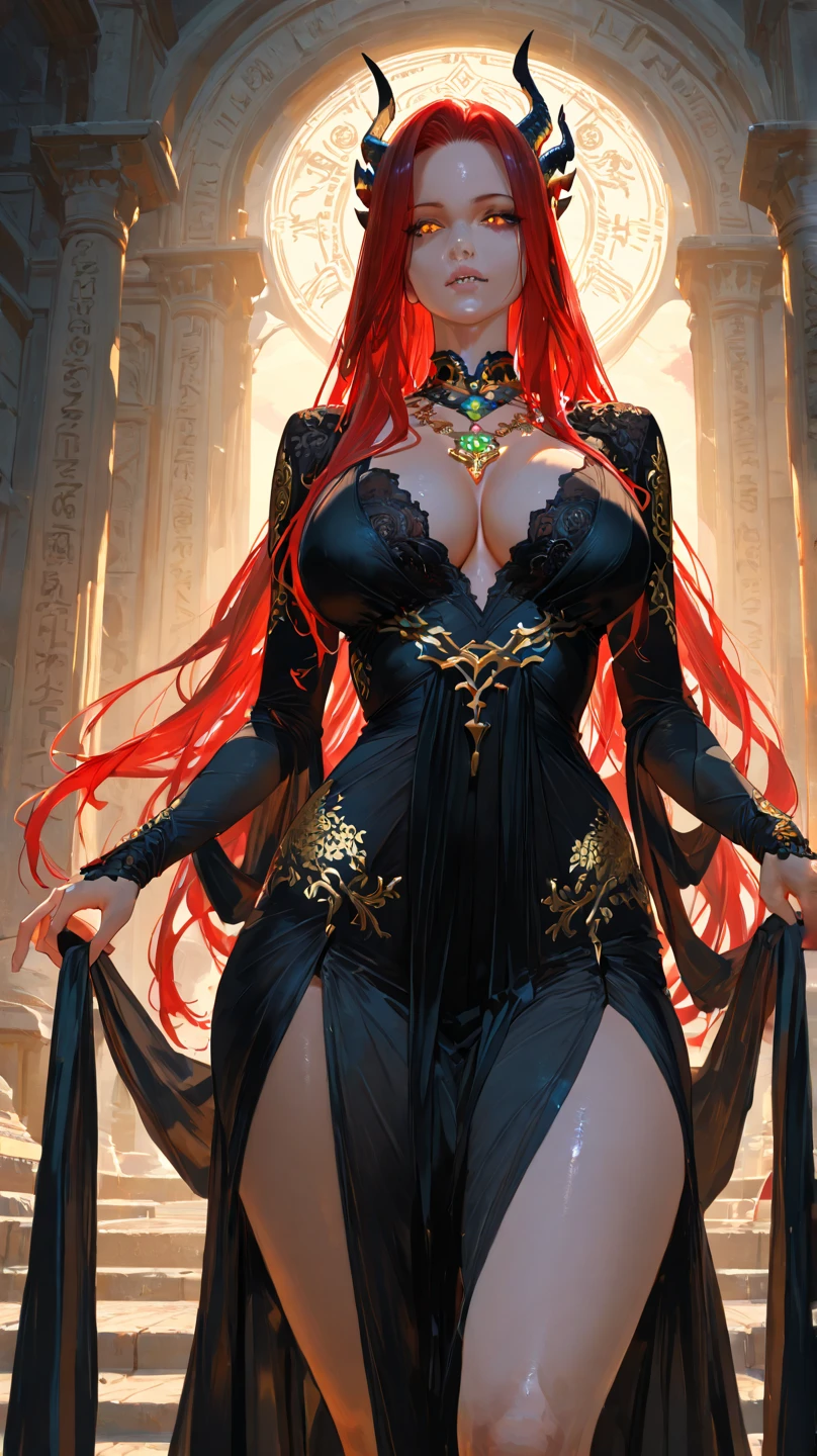 A detailed, beautiful redhead girl with a big bust, wearing a sexy electric dress, holding a magic scepter, smiling and wearing glasses, (best quality,4k,8k,highres,masterpiece:1.2),ultra-detailed,(realistic,photorealistic,photo-realistic:1.37),HDR,UHD,studio lighting,ultra-fine painting,sharp focus,physically-based rendering,extreme detail description,professional,vivid colors,bokeh,portraits,fantasy,magic