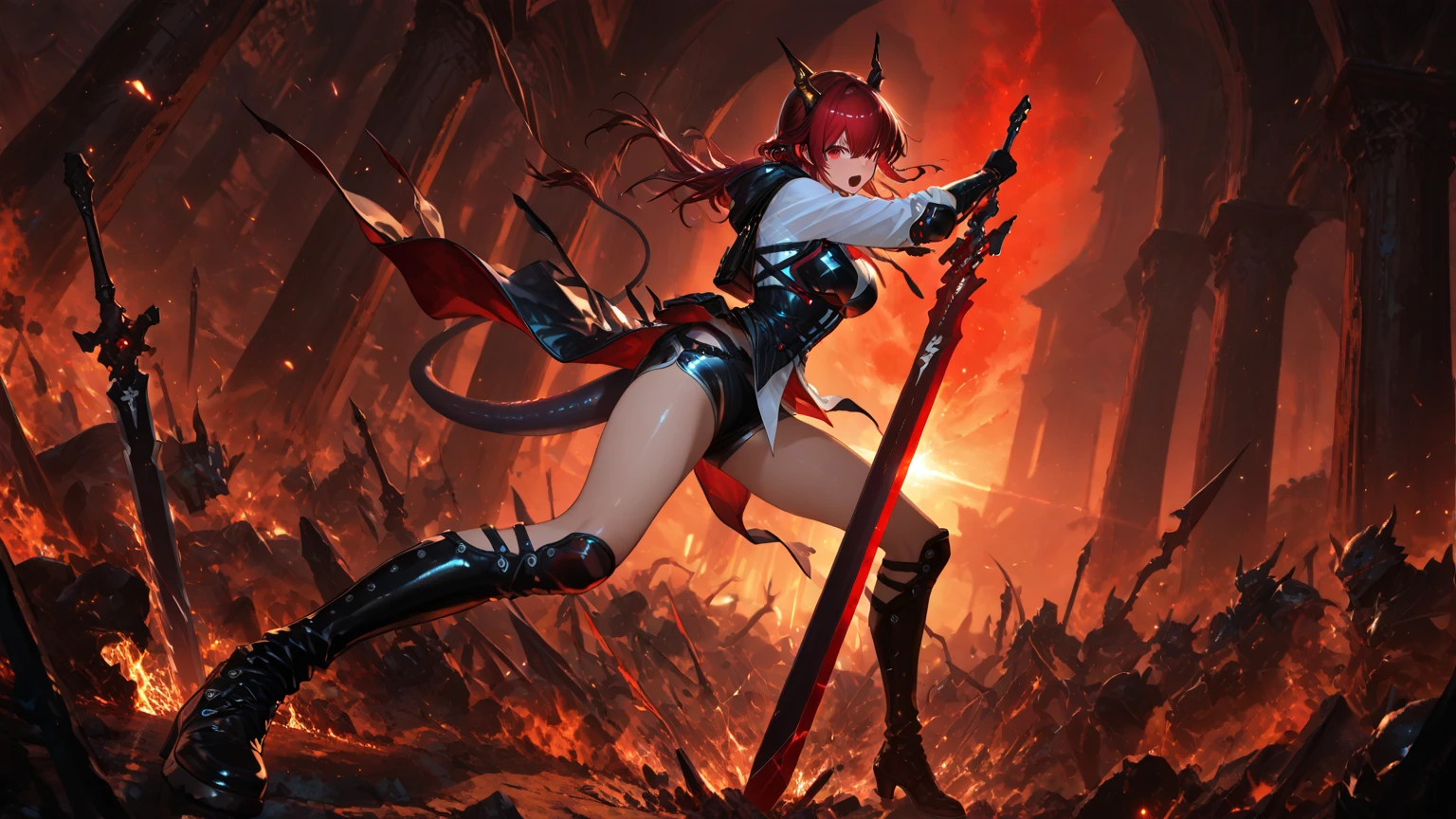 beautiful, masterpiece, best quality, extremely detailed face, perfect body, 25 years, perfect lighting, 1girl,solo,matoi ryuuko b, senketsu, suspender skirt, red hair, (angry:1.1), top of a cliff, distopian, red gloves, holding detailed scissors blade, big breasts, side view from behind, (big ass), ((skirt)), dynamic pose