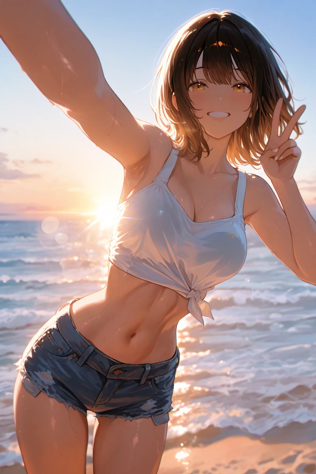 high-level image quality、8K,Lack of clothing culture、Naked culture、dark skin tone、full of sweat、The body glows wet、beutiful breast、short-cut、27yo、Open your crotch、Bold poses、A dark-haired、A slender、Shapely、Kubire、A sexy、pov from down、Voluptuous thighs、8K,Raw photo、(masutepiece, High resolution, Photorealsitic:1.4),Beautiful breasts like a work of art、Beautiful pubic area like a work of art、Draw the pubic area clearly、Wide legs open、The pubic area must be wet、I have my legs open、wide opening crotch、The hole in the pubic area expands、Push it apart with your hands to show off your pubic area、White liquid overflows from the genitals、Sexual References、the setting sun、sand beach、full body Esbian