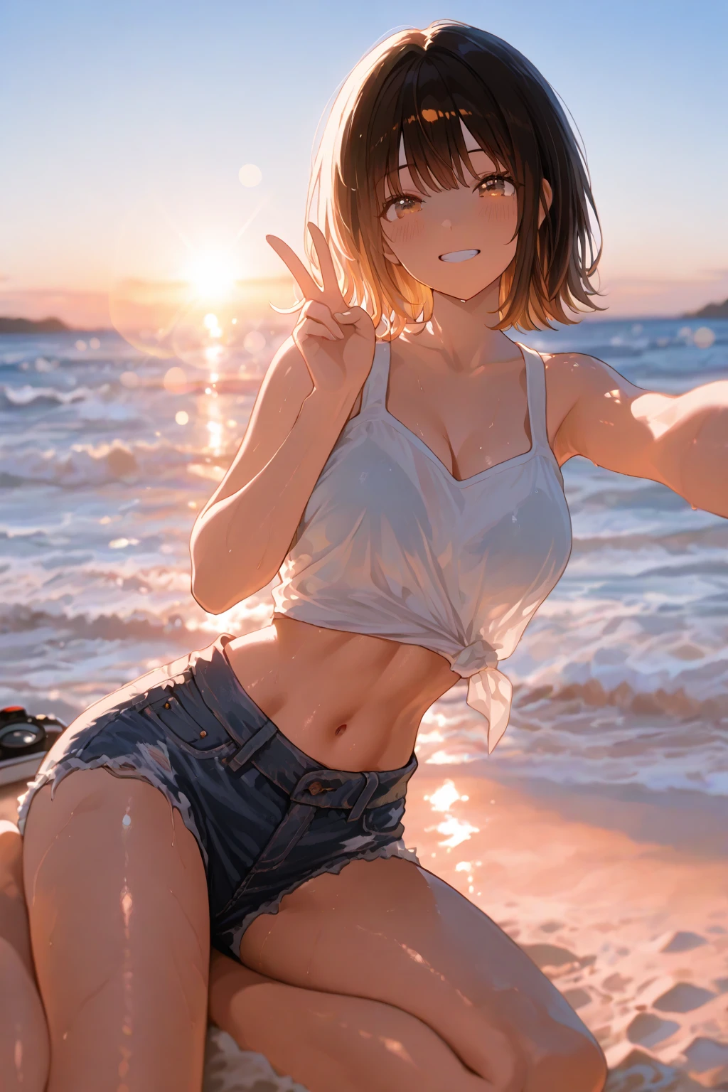 True Face　stand　alone　5pm Sunset　bright　from the front　straight　low length　Cowboy Shot　Place your arms behind your head　Belly button　Ocean　Beach　Show me your armpit hair　Beauty　blush　Tank top　Shorts
