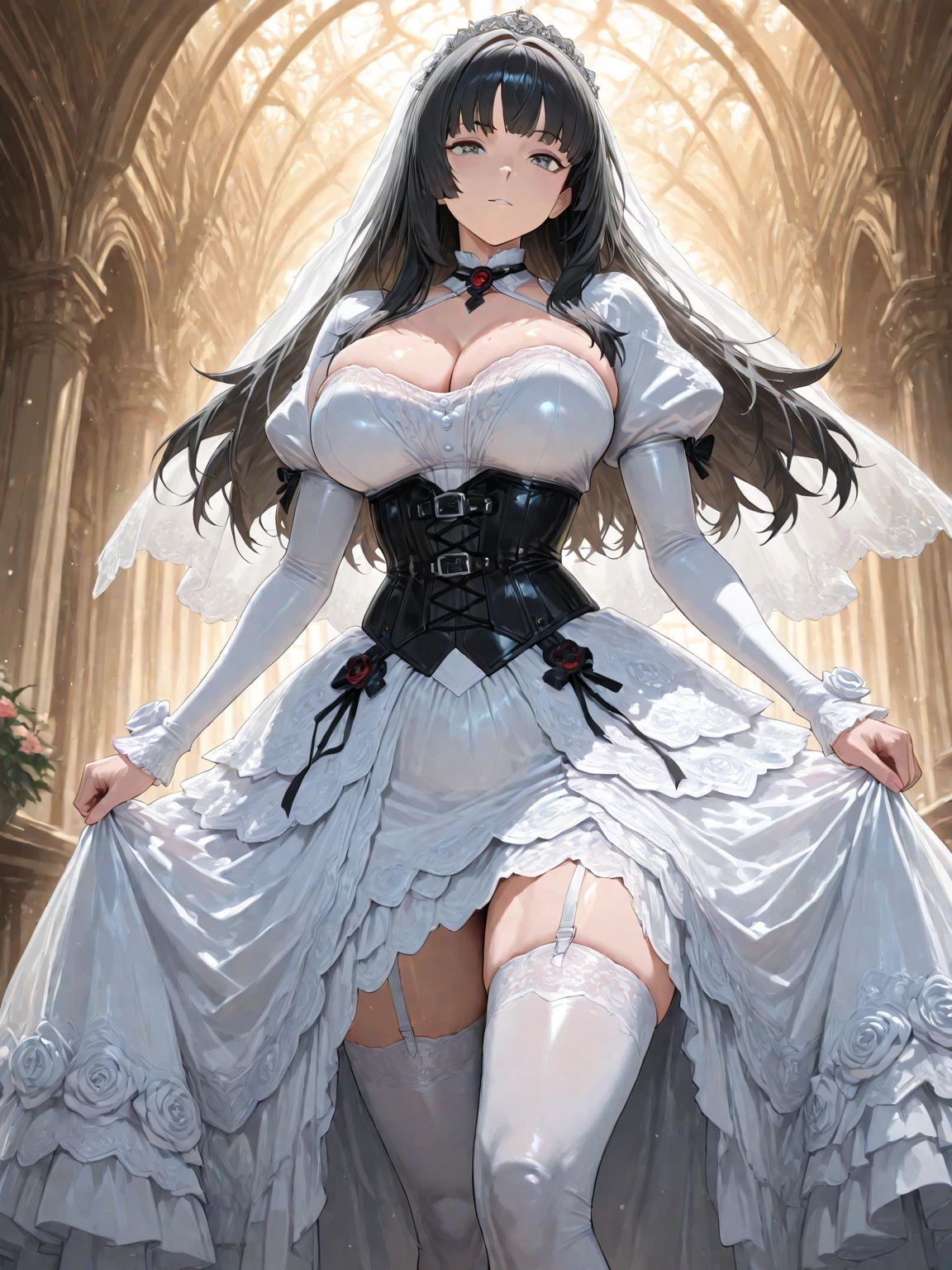 (masterpiece, Side light, Fine and beautiful eyes: 1.2), Fresh skin,((alone)),(((Shiny long black hair))),(Blue eyes),The corners of the eyes are drooping,(Highly detailed skin),(Perfect body),Beautiful woman,Large Breasts,((A dreamy white jacket dress that covers the chest)),(Sheer white lace),(((White Veil))),(Elbow-length white gloves),White lace pantyhose,Gold cross around neck,Beautiful cleavage, ,形の良いLarge Breasts , Beautiful breasts, smile, Pink Rouge, Blue Eyes,,(((breast enhancement)))