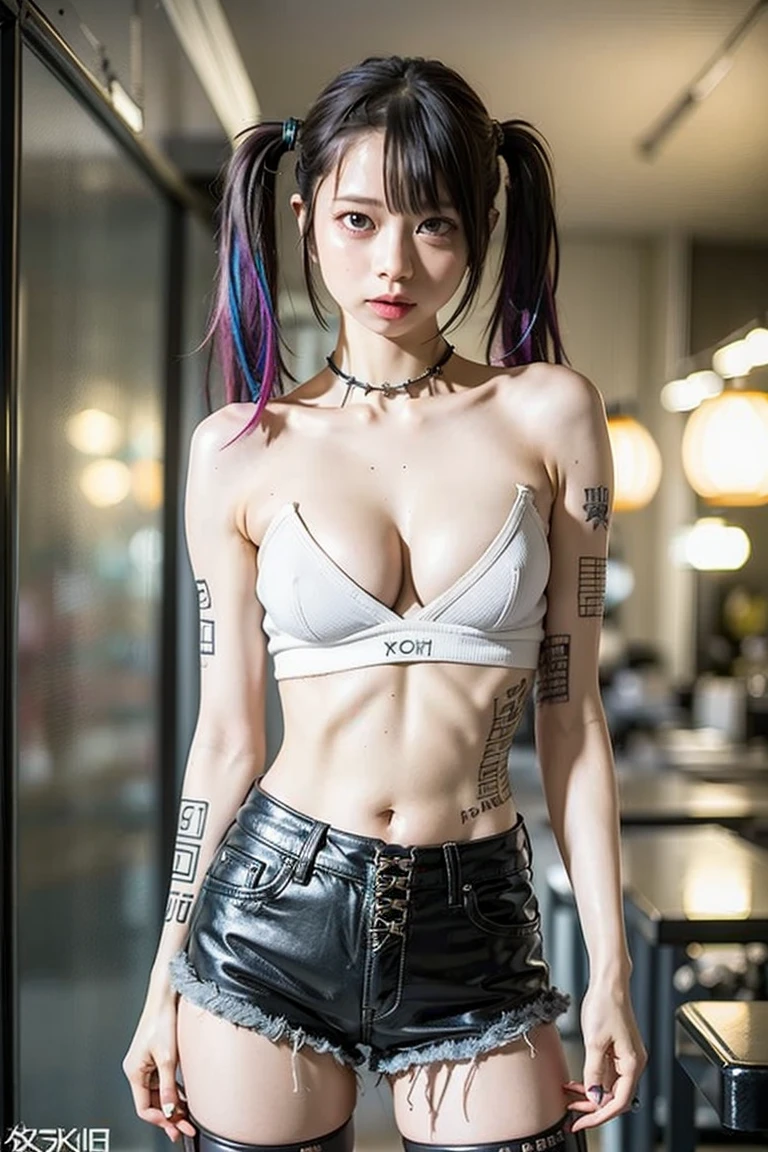 (Girl Standing In Office Changing Room),(Rear view)),(look back), silver hair, bangs, 鈍いbangs, long straight hair, (side ponytail)aqua eye, long eyelashes, three-dimensional round eyes, compensate, open your mouth, blush, parted lips, bright pupils, smiley, enchanting smile, shine, surrealism, modern,career woman、)lou(Off Shoulder Translucent White Sleeveless Mini T-Shirt)、(Black lace panties are visible)、black pantyhose、high heels、 Proudly sticking out your chest in front of the camera:1.2), (Another person on the other side、背中を反らせてlook back, (Put one hand behind your head, A beautiful face is a beautiful smile with lowered eyebrows), open chest、very beautiful breasts、sexual excitement、 performance、shiny skin。realistic、Photoreal:1.37)、(K-POP idol)、messy hair、medium hair、(ピンクのblush)、(reveal)、dynamic pose、((、(((((underboob)))))、lower chest、oily skin、skinny、 on the other hand, I can see a little bit under the chest、(目に見えるlower chest、I can see your belly button and ribs)、Hip bones and lower abdomen are visible、((Translucent underwear with almost no fabric))