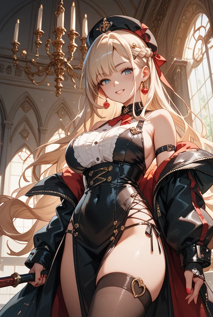 ereshkigal,1girl, blonde hair, red eyes, two side up, red ribbon, tiara, earrings,(black leotard),cameltoe, gold trim, red cape, collar, single thighhigh, asymmetrical legwear,masterpiece,Noise Reduction,perfect ???????,high resolution, ultra-detailed, ultra-detailed face,game cg,dutch angle ,beautiful detailed eyes,visualart,five fingers, perfect hands, perfect lighting, sparkling pupils,
beautiful girl,
