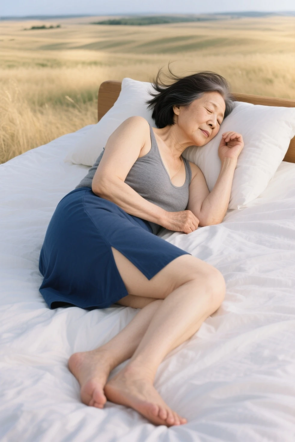 70 year old Chinese grandmother, big nose, lying down to sleep on the bed. Long gray hair. which. big breasts. Wearing a thin singlet and side-slit mini skirt